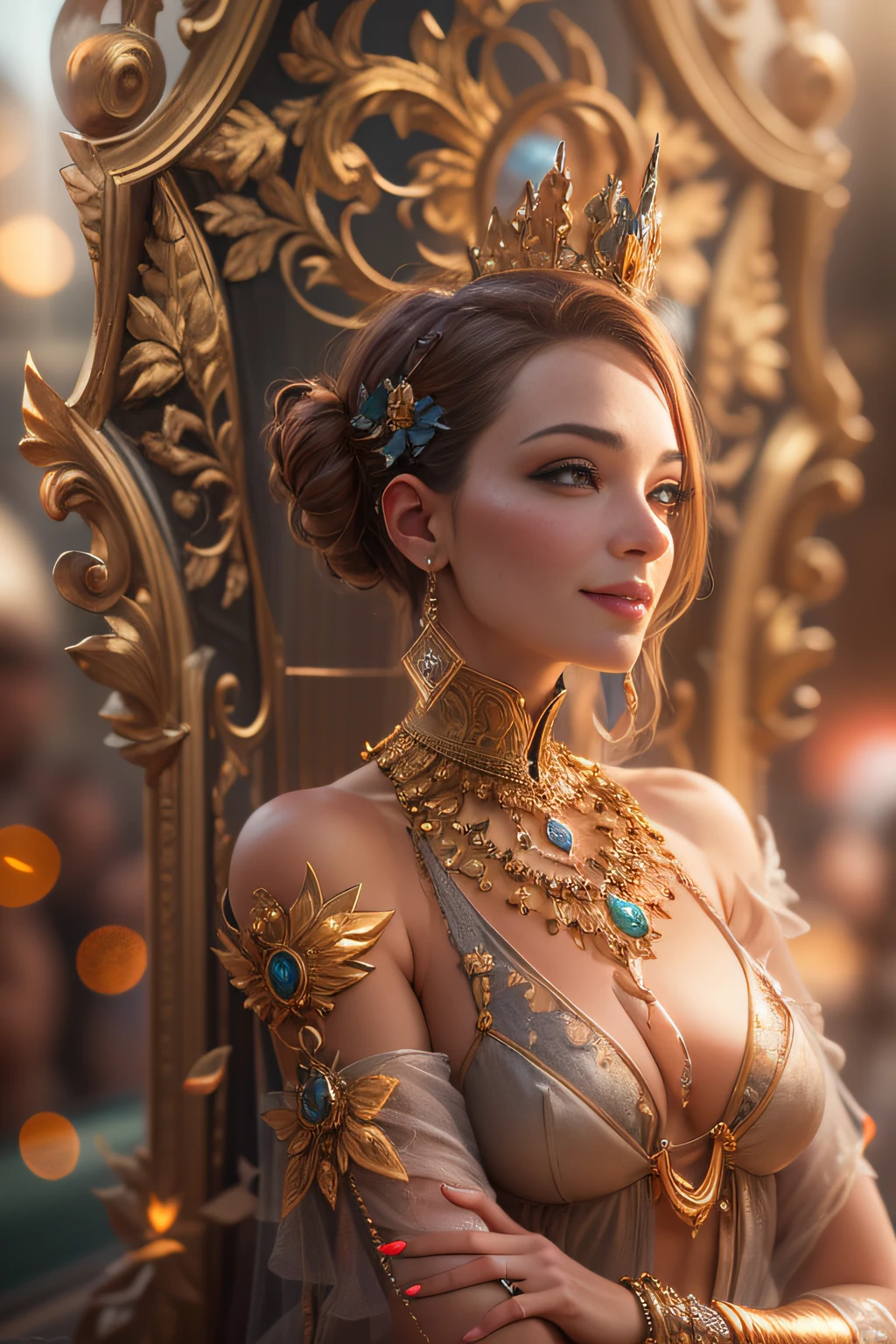 Ultra photo realsisim, Ultra-detailed photo of a woman, Smiling, golden jewelery, Shiny, sunlight fractal details, Depth of field, HOF, hall of fame, Detailed gorgeous face, apocalyptic environment, natural body posture, Profesional photogarpher, captured with a professional DSLR camera, trending on artstationh, 64k, Ultra detailed, ultra-precise detail, bokeh lighting, surrealism, Thomas Kinkade background, urban, ultra unreal engine, Phlegm sputum, phlegm, Pauline Voß, Pascal Quidault, , Christian Schob, Martina Fackova, Intricate, Epic, freckle, peach fuzz, detailed mascara