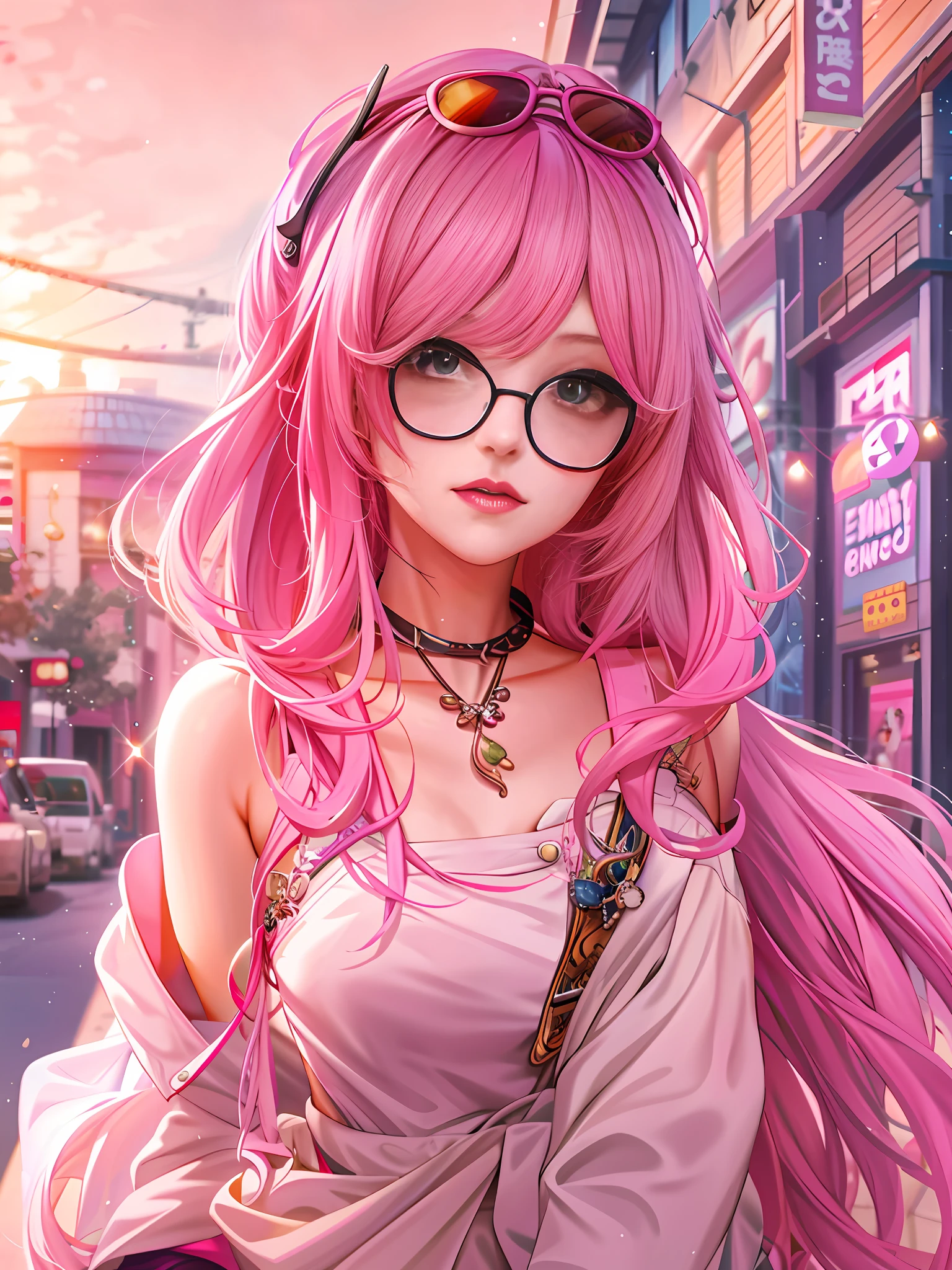 Anime girl posing for photo with pink hair and glasses, Guwiz style artwork, Guwiz, beautiful anime portrait, pink girl, flowing pink hair, kawaii realistic portrait, fantasy art style, beautiful anime style, inspired by Chengiwa-kun, anime style. 8K, in Bowater's art style, popular on CGSTATIONS, 8K