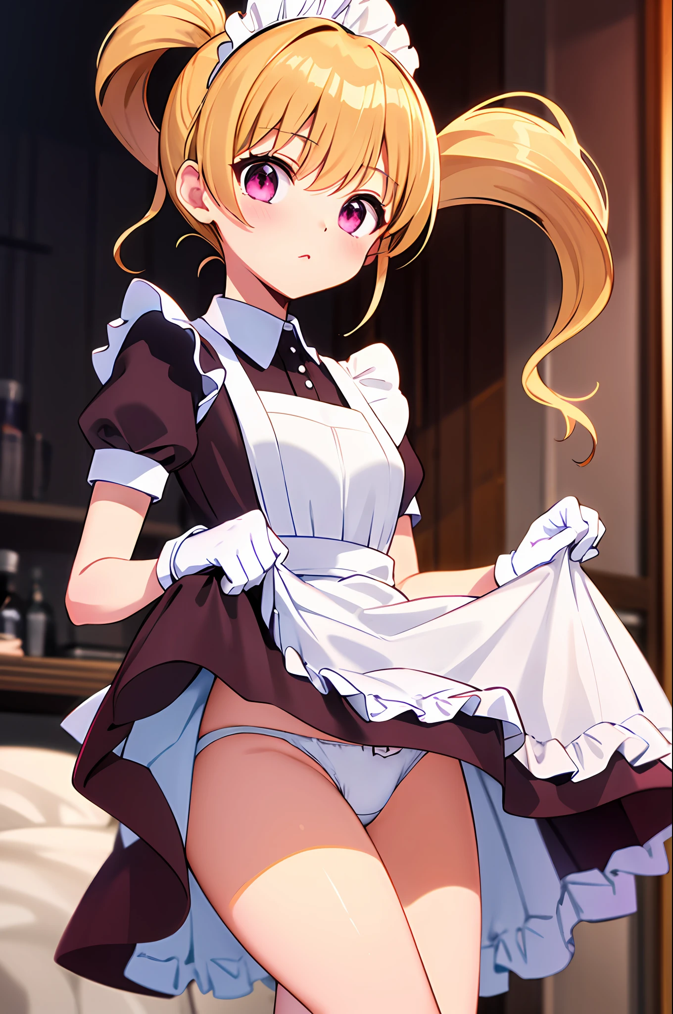 Masterpiece, Best quality, A high resolution, HMBK1, 1girll, Blonde hair, pony tails, Drill hair, Pink eyes, maid, maid headdress, aprons, White gloves,（dress lift：1.2），White panties，