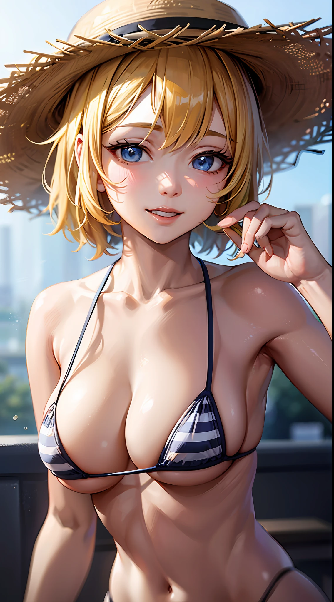 Striped Micro Bikini、(Brown skin)、(Blonde Shorthair)、(Wearing a straw hat)、年轻、Cute、a beauty girl、Perfect Style、Colossal tits、Emphasizes cleavage、A slight smil、8k、ighly detailed、top-quality、Top image quality、超A high resolution、masterpiece、one girls、