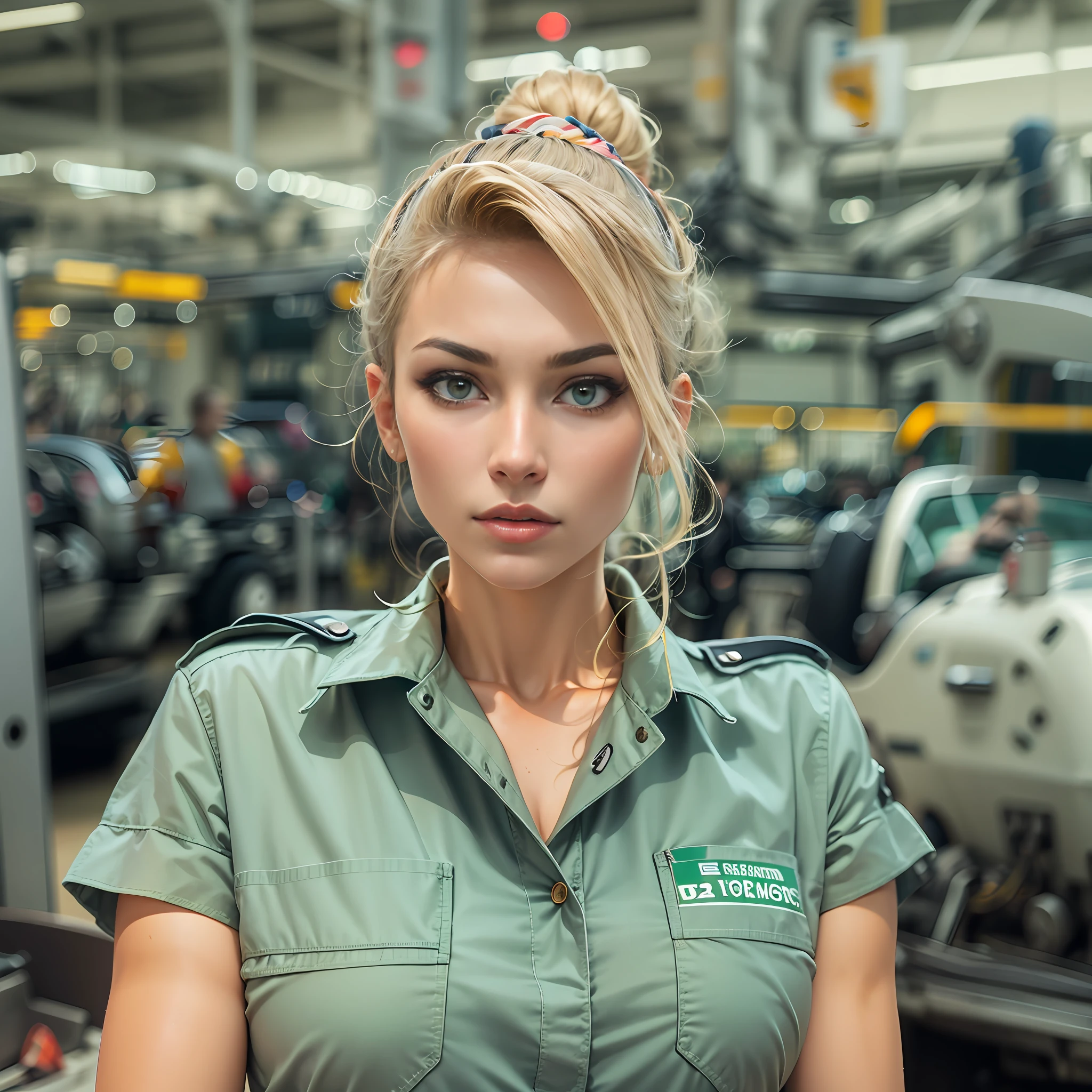European face, high cheekbones, pronounced cheekbones, Straight nose, Big nose, spruce forest, freeway, Company car, Service Uniform, blond hair, hair up to the shoulders, Relying on the machine.