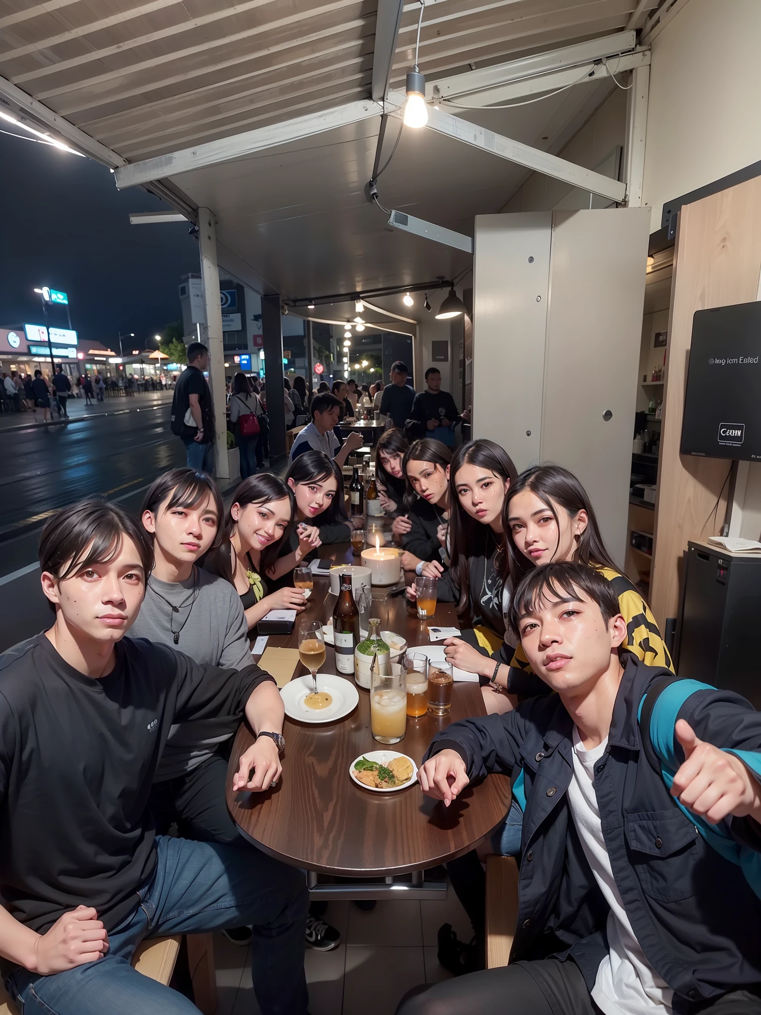 several people sitting at a table with drinks and food, shot on canon eos r 5, shot on canon eos r5, taken with the best dlsr camera, taken with sony alpha 9, captured on canon eos r 6, shot on nikon z9, busy night, taken with canon eos 5 d mark iv, captured on iphone, in background