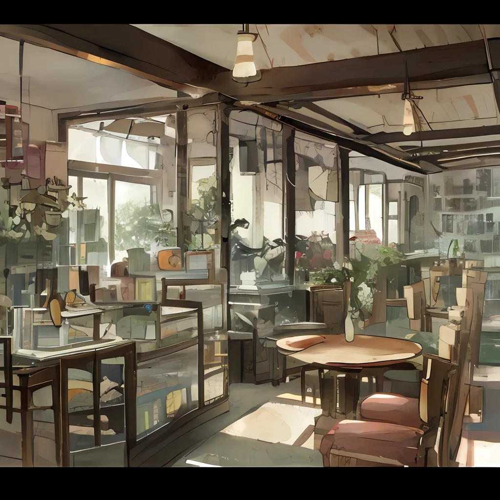 (exceptional, best aesthetic, new, newest, best quality, masterpiece, extremely detailed, anime, waifu:1.2), watercolor,cafe,plants,stair,celling,tea,glass