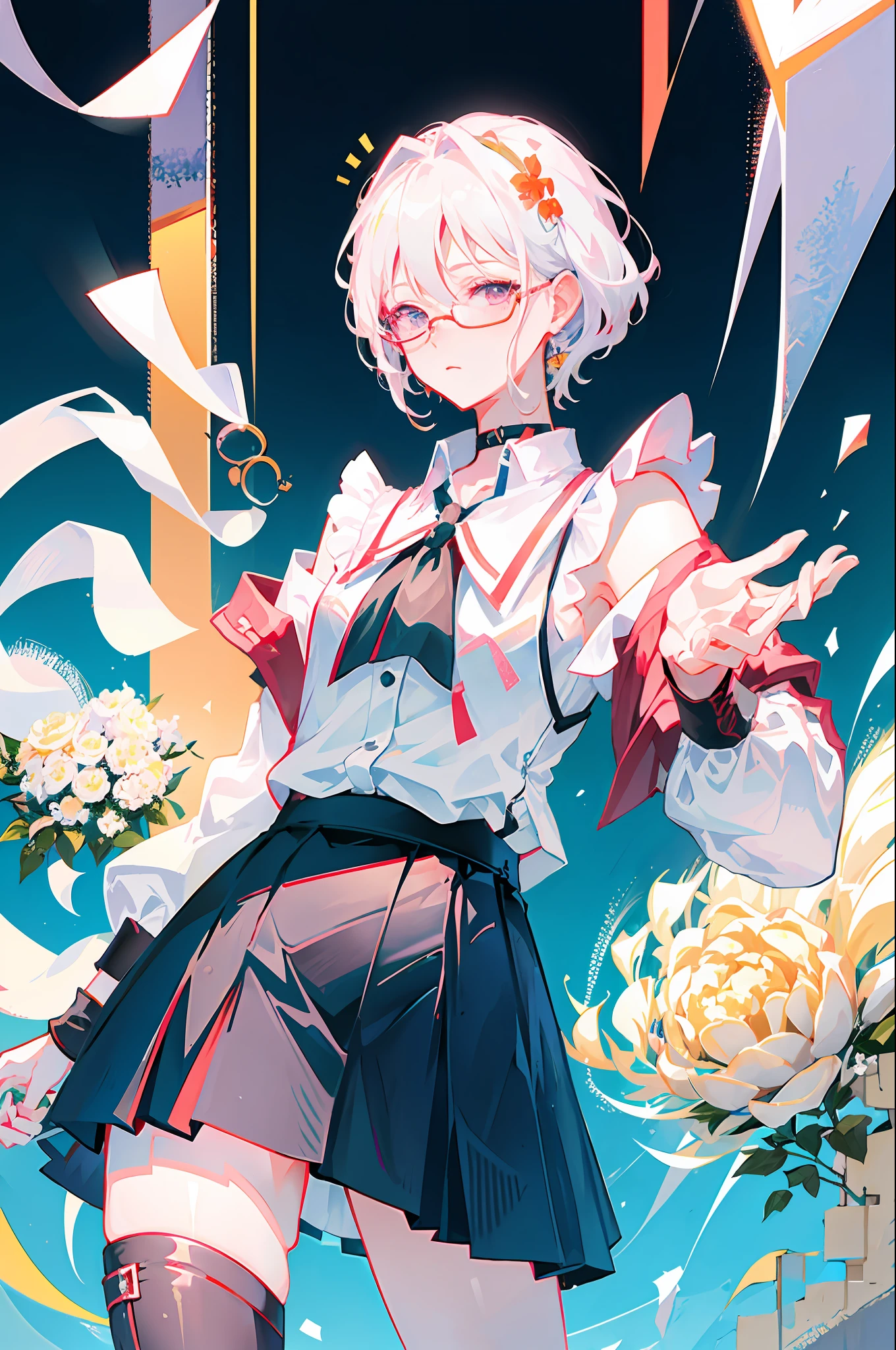 Best quality, 超高分辨率, (Photorealistic:1.4), 1womanl, sleeveless white button shirt, Black skirt, Black choker, ((Glasses)), (Kpop idol), (aegyo sal:1), (Platinum blonde hair gray hair:1), ((Puffy eyes)), view the viewer, full body, Flowers