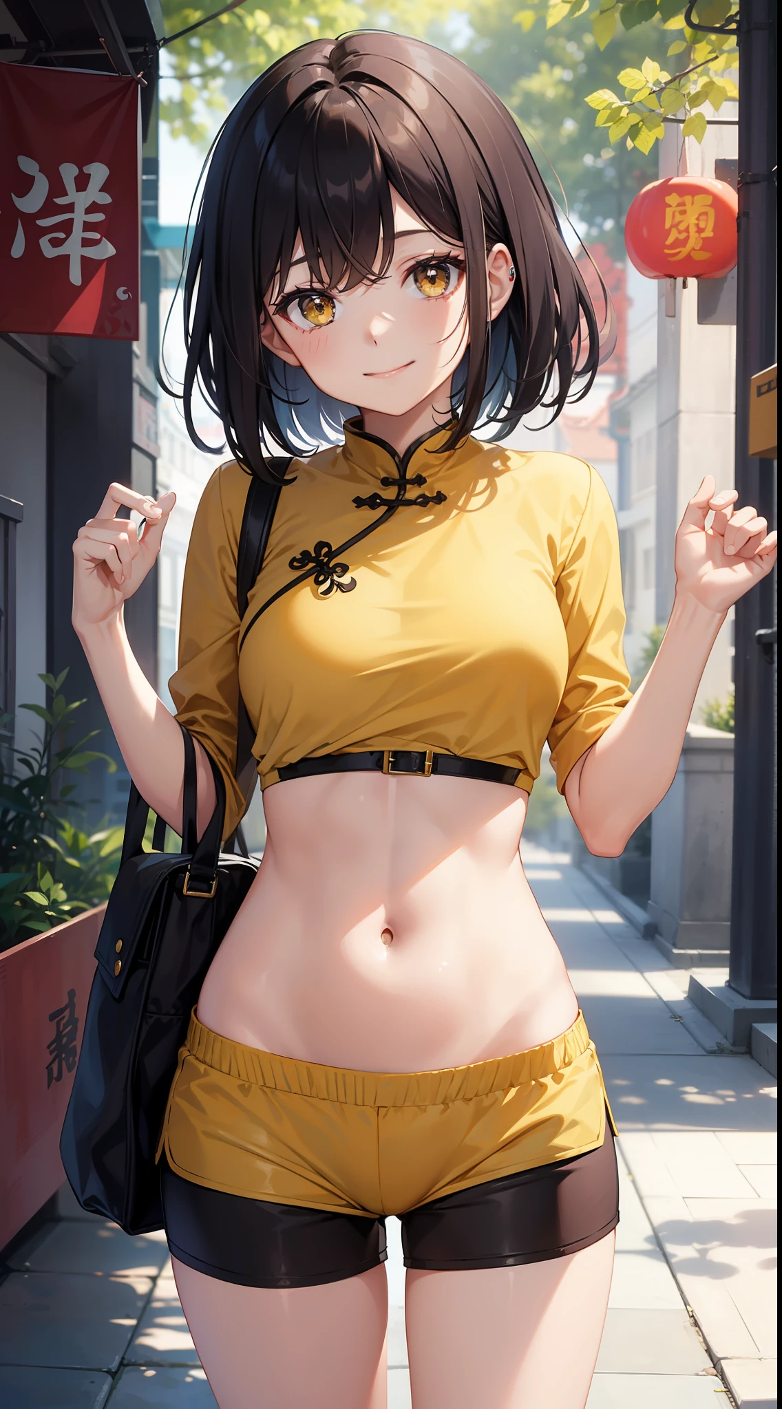 young girl, Short black hair, Yellow eyes, Chinese blouse, Shorts, open belly, Smile, Masterpiece, hiquality