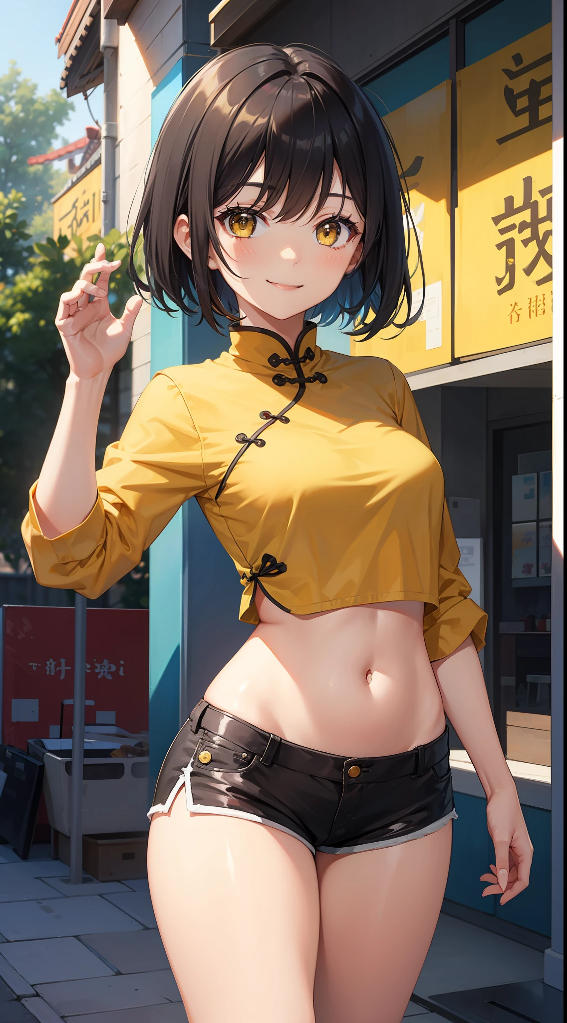 young girl, Short black hair, Yellow eyes, Chinese blouse, Shorts, open belly, Smile, Masterpiece, hiquality