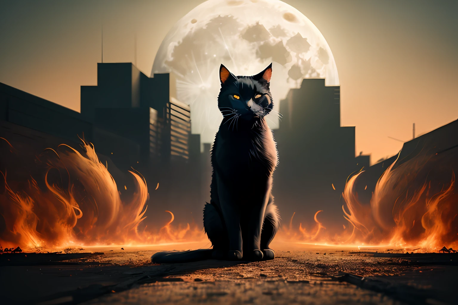 Black Cat,big full moon, Artistic Abstract Expression, Dimensional Expression, Expressionism, Film Poster, The Life Of Pablo, The Waste Lands, Anamorphic Shot, Anamorphic