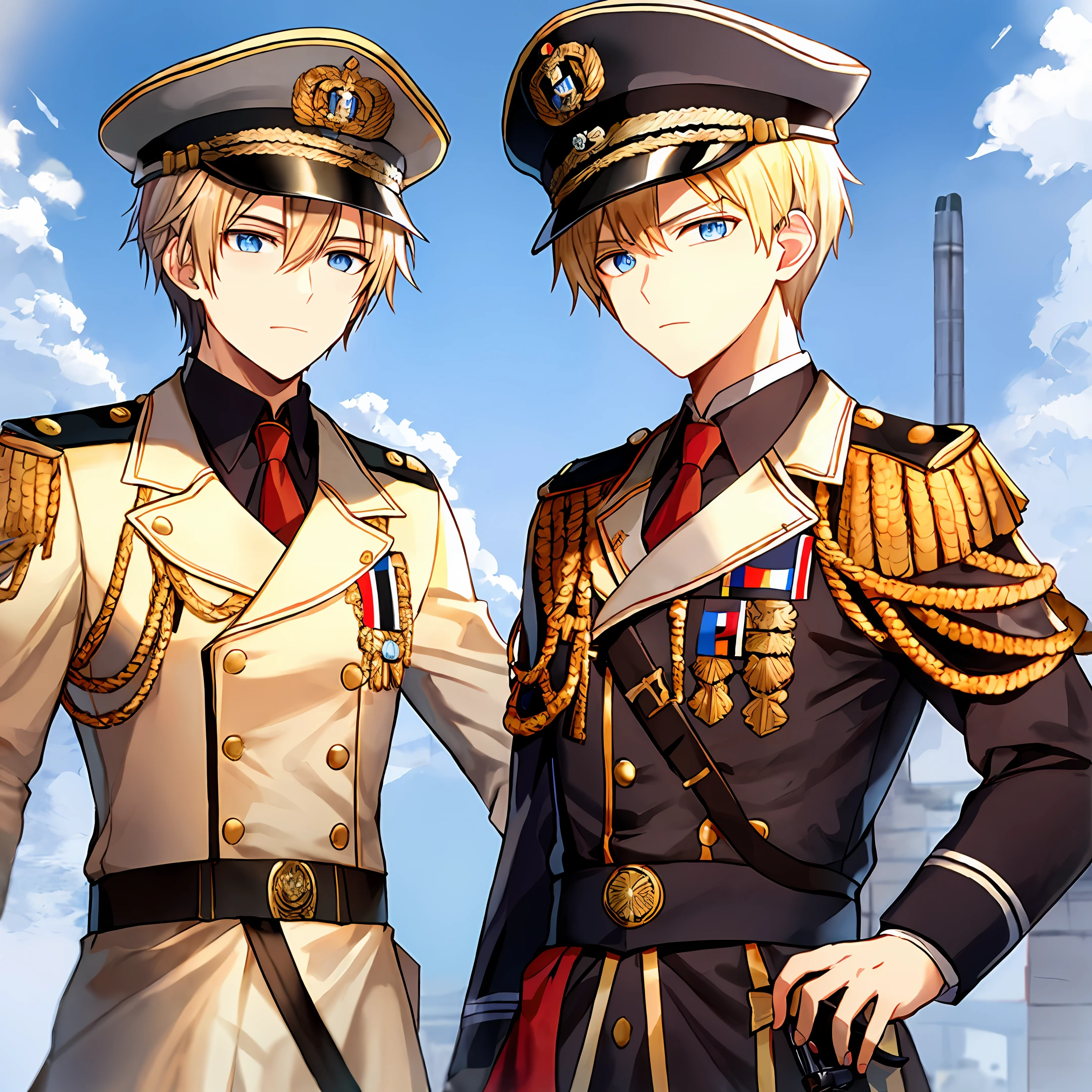 European court style,A young man in his early twenties,blond with short hair,blue color eyes,The expression is indifferent,Slender figure,German-style officer clothing,German military cap,German epaulettes,There is a pistol around the waist,Positive perspective,Bust