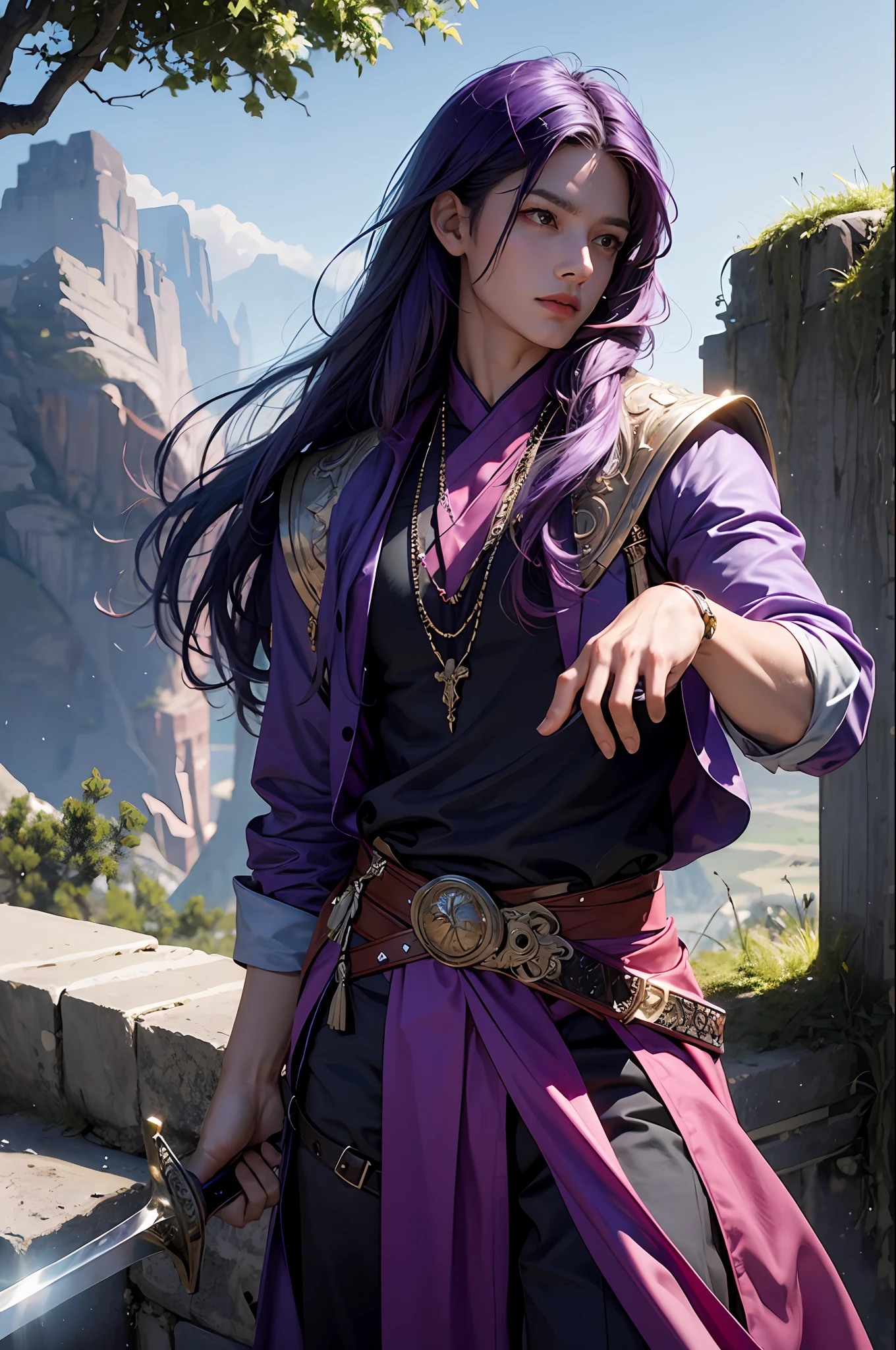 best quality, masterpiece, high resolution,16k,HDR,high resolution,A guy, super detailed silky long purple hair, holding sword, glowing pink sword, super light, standing on sword body, canyon, tree, mountain, super detailed handsome face,Fairy Hiep, fairy clothes, purple-blue hair