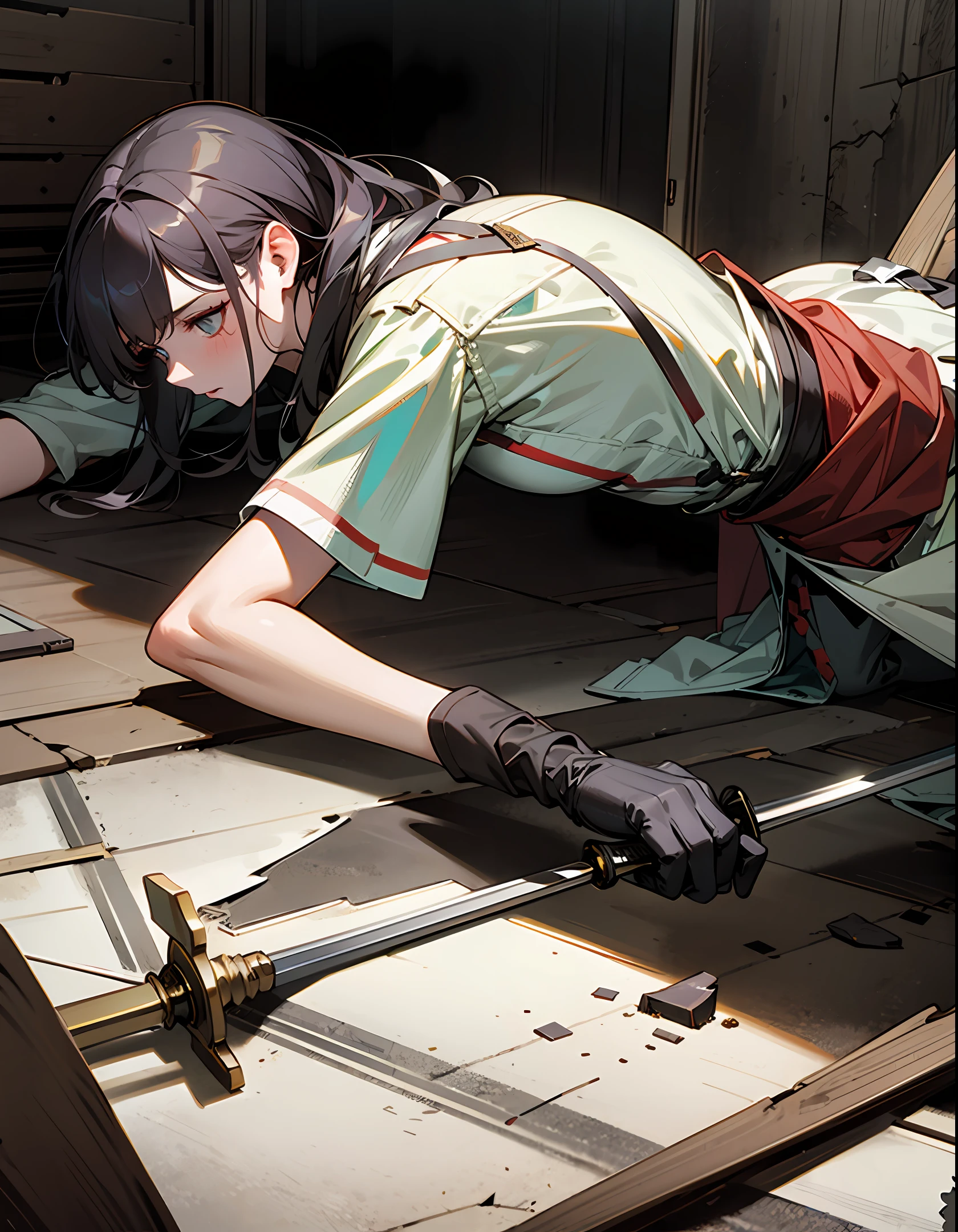 In a collapsed piece of house waste，A girl was dressed in shabby clothes，Holding a sword, playing with the soldier's lower body，The soldiers were afraid，The battlefield is a mess everywhere