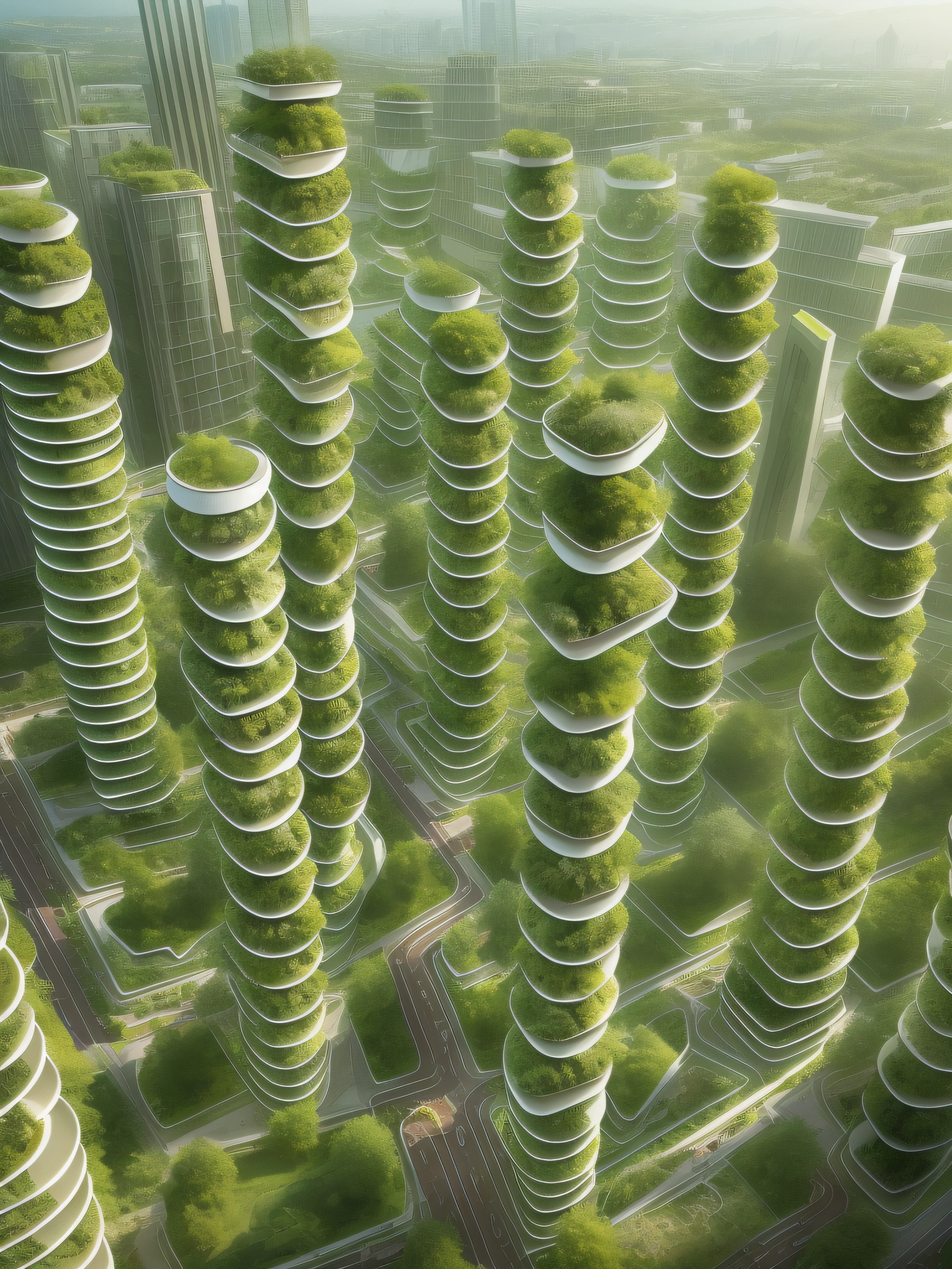 Solarpunk, dramatic geometric towers dotted with rooftop forests, tree-sprouting condos, gargantuan green cities, Greentech, walkable cities, sprawling plant life, an abundance of sunshine, Art Nouveau, Green architecture, towering vertical forests, Renewable energies, solar power, rainwater harvesting, self-sustainable community gardening, decentralized technologies