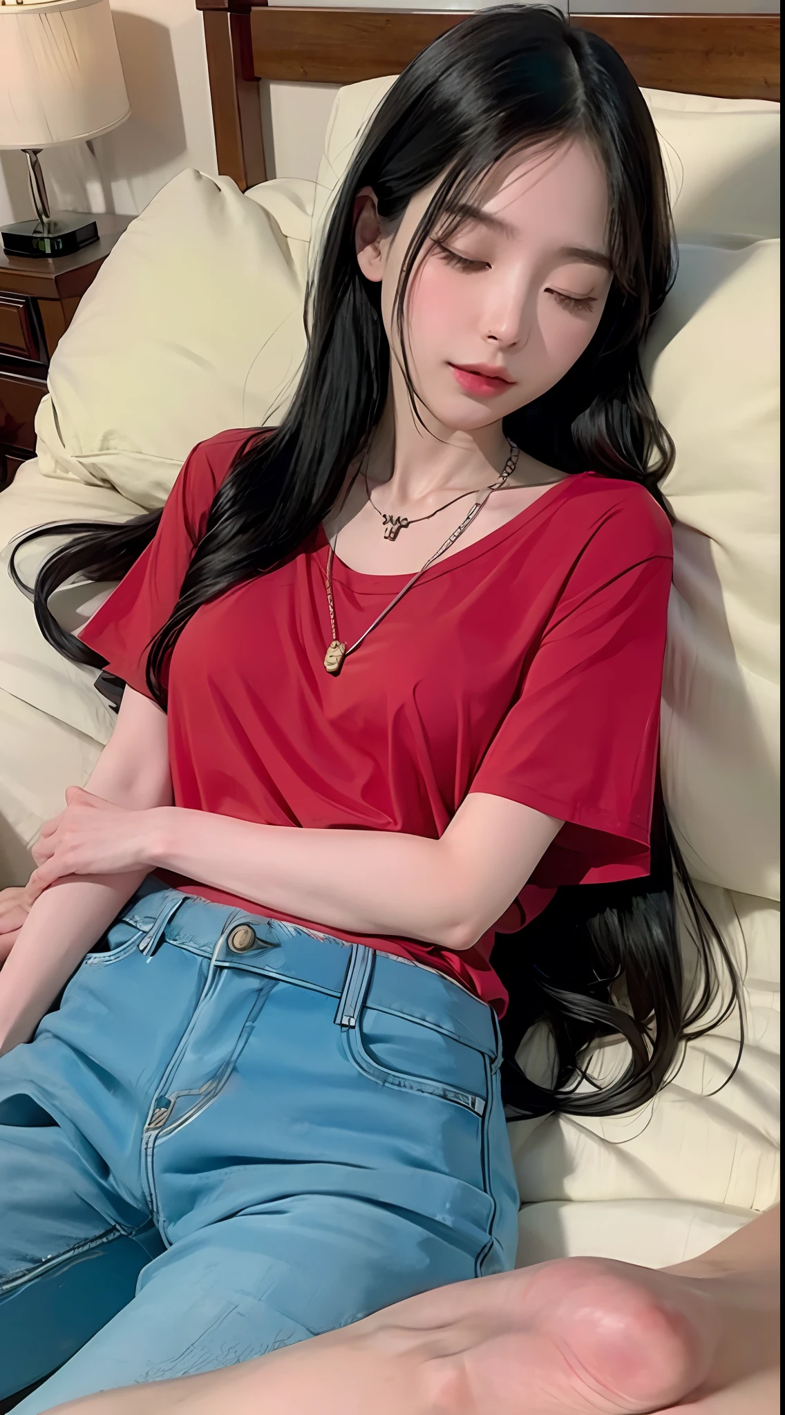 Sleeping girl,22 year old,realisticlying,an asian woman,Has long black hair,Wear a red shirt and beaded necklace