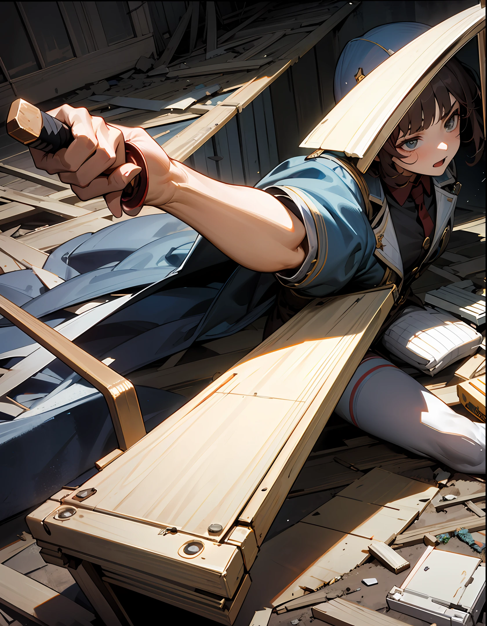 In a collapsed piece of house waste，A girl was dressed in shabby clothes，Holding a sword, playing with the soldier's lower body，The soldiers were afraid，The battlefield is a mess everywhere