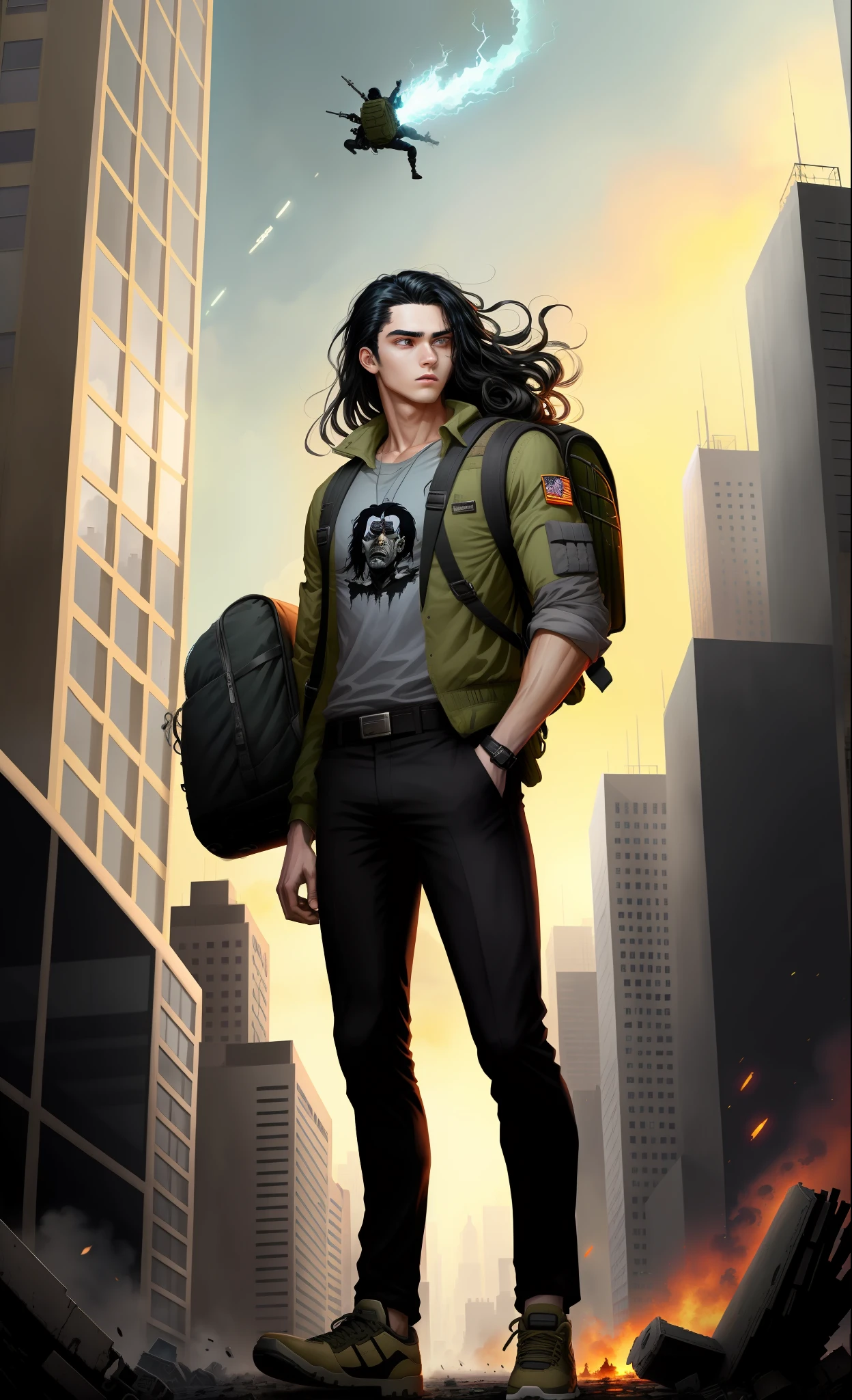 masterpiece, top quality, best quality, (1man), man, young man, man of 16, extreme detailed, colorful,highest detailed, black hair, long hair, wavy hair, black eyes, big city, zombies around, backpack, wind, destroyed city, military clothing