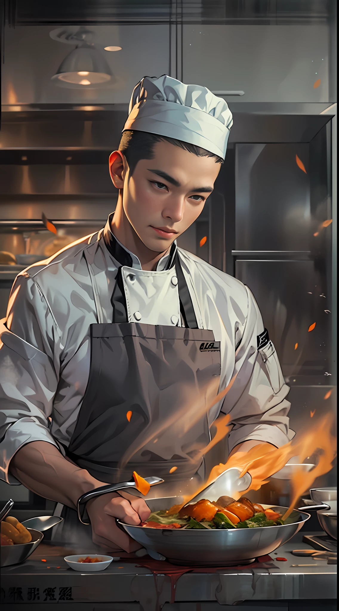 Photo of chef cooking in flameless kitchen, in the style of the stars art group xing xing, realistic yet romantic, he jiaying, Handsome, Gray and amber, Heroic, Smooth and shiny ,32K, Best quality, Masterpiece, Super detail, High details