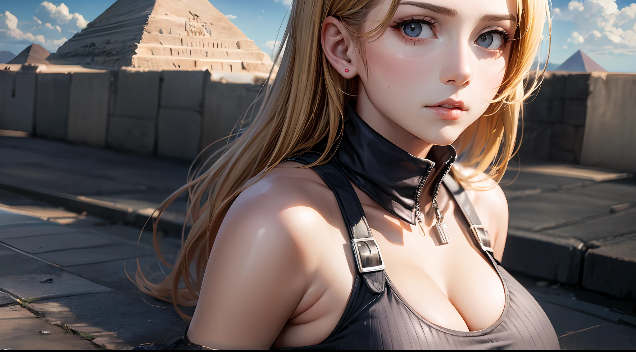 (Attack on Titan、Annie Leonhart)、(Tank tops)、Young、Cute、a beauty girl、Perfect Style、huge tit、Emphasizes cleavage、deadpan、realisitic、realistic、8k、ighly detailed、top-quality、Top image quality、超A high resolution、masterpiece、one girls、(Egyptian pyramids in the background)、