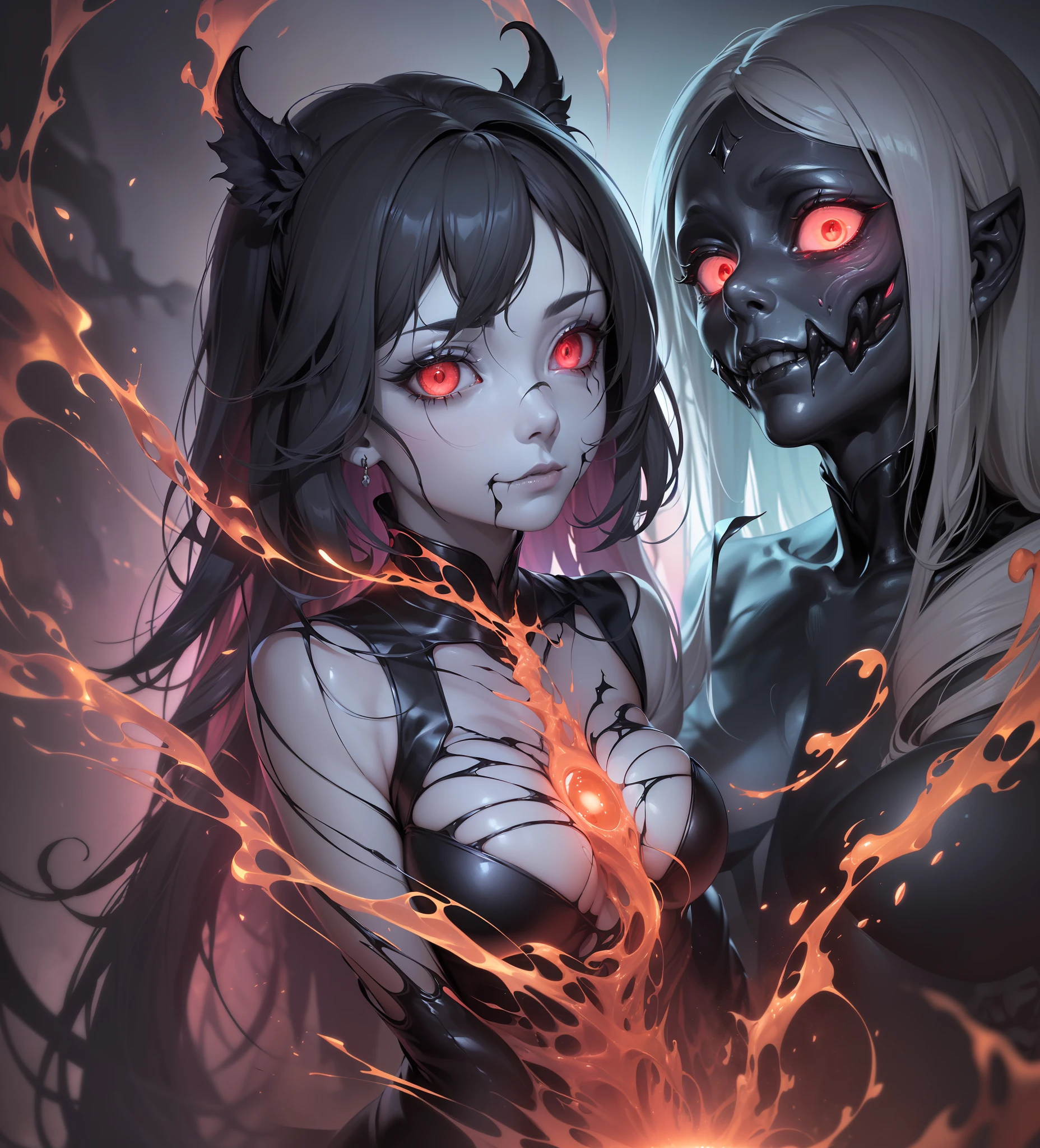 (((Grotesque Fusion))), (((Haunting Integration))), ((Nightmarish Hybridization)), (Eerily Realistic CG Aberration), ((A Distorted Fusion of Entities)), (From the Convergence of Horrors), Sinister Light Casting Distorted Shadows, ((1 Female Entity with Unearthly Blends)), Solo, Half Body, ((Flesh and Plantlife Intertwined in Unsettling Harmony:1.2)), ((Eyes Gleaming with Sinister Embrace:1.2)), ((Spectral Appendages Emerging in Ghastly Unison:1.2)), (Twisted and Distorted Posture), ((Whispers of Unholy Origins Echoing in Tainted Chorus:1.2)), ((Glowing Eyes Gleaming with Malevolent Brilliance:1.2)), ((Merged Forms Entwined in Distorted Symphony:1.2)), Character Focus, Macabre Hybrid Realm, Haunting Background, Distorted and Eerie Colors, ((Face Veiled in Unnatural Amalgamation:1.2)), ((Form Blended into an Unsettling Concoction:1.2)), ((Visage Ensnared in a Fusion of Disquieting Entities:1.2))