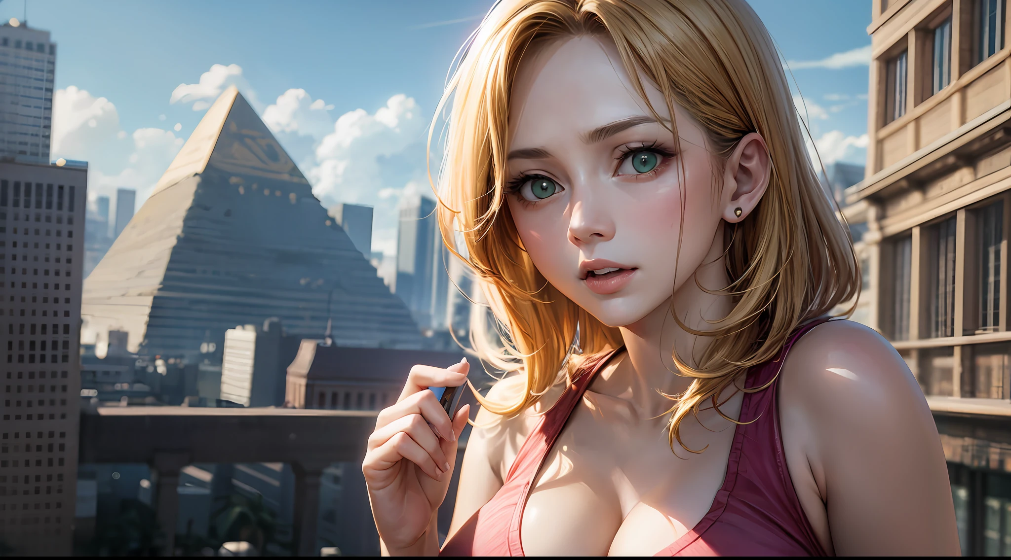 (Attack on Titan、Annie Leonhart)、(Tank tops)、Young、Cute、a beauty girl、Perfect Style、huge tit、Emphasizes cleavage、deadpan、realisitic、realistic、8k、ighly detailed、top-quality、Top image quality、超A high resolution、masterpiece、one girls、(Egyptian pyramids in the background)、