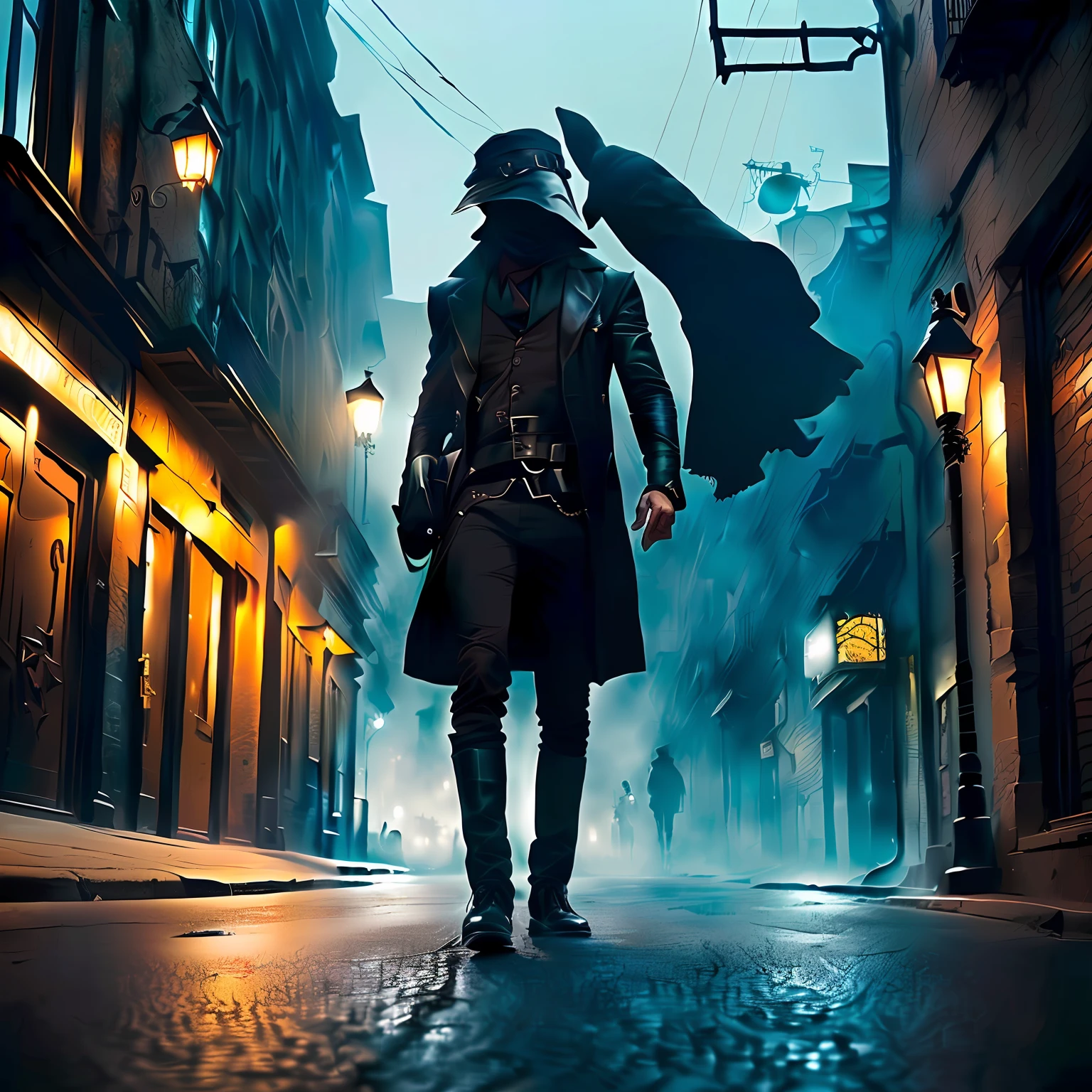 Image of a man in a black coat and hat walking down the street in Alavid, Stylized urban fantasy artwork, he is traversing a shadowy city, the plague doctor, centralized urban fantasy, the plague doctor, fantasy cyberpunk horror, Mysterious man,  traversing a shadowy city, dan mumford tom bagshaw, dishonored style