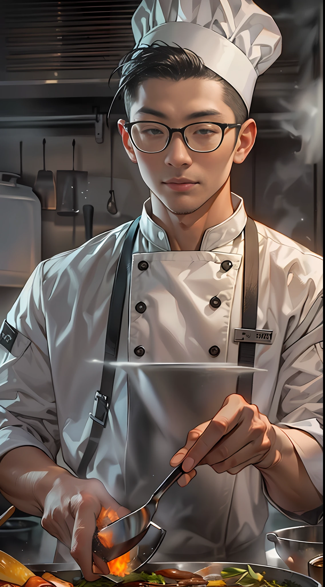Photo of chef cooking in flameless kitchen, in the style of the stars art group xing xing, realistic yet romantic, he jiaying, Handsome, Gray and amber, Heroic, Smooth and shiny ,32K, Best quality, Masterpiece, Super detail, High details
