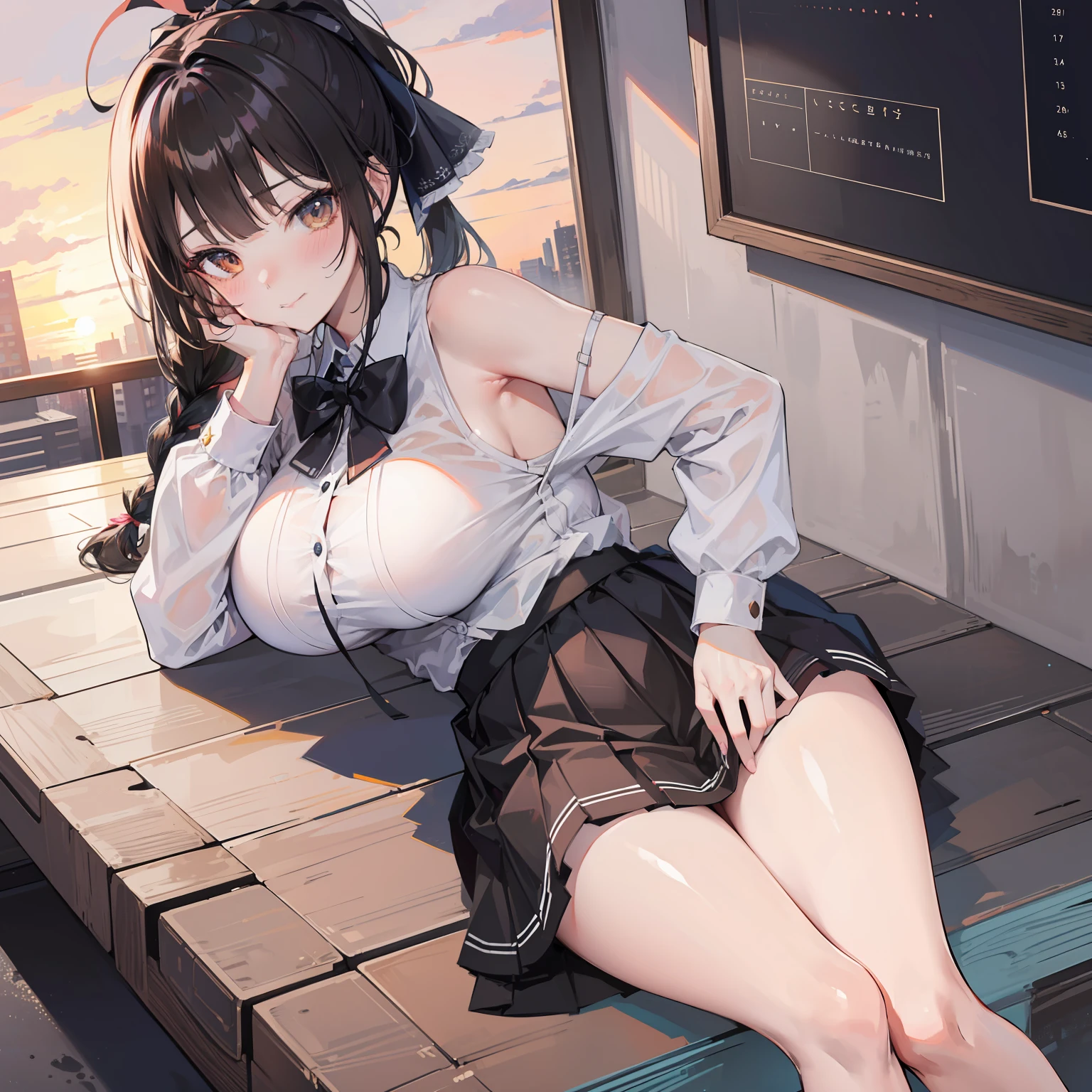 masterpiece, best quality, incredibly_absurdres, day, sunset, cityscape, realistic, cityscape, huge_filesize, girl, (solo), (bishoujo), medium hair, hair over shoulder, ((black hair)), ahoge, straight hair, hair strand, braid, single braid, high ponytail, ponytail, bangs, blunt bangs, hair bow, (hair ribbon), bow hairband, (beautiful detailed eyes), (looking at viewer), nose blush , blush, shy, (smirk), ((brown eyes)), medium breasts, (bare_shoulders), ((skirt)), ( bikini under clothes), bare legs, no legwear, hand_to_mouth, head tilt, hand on own chest, young teacher