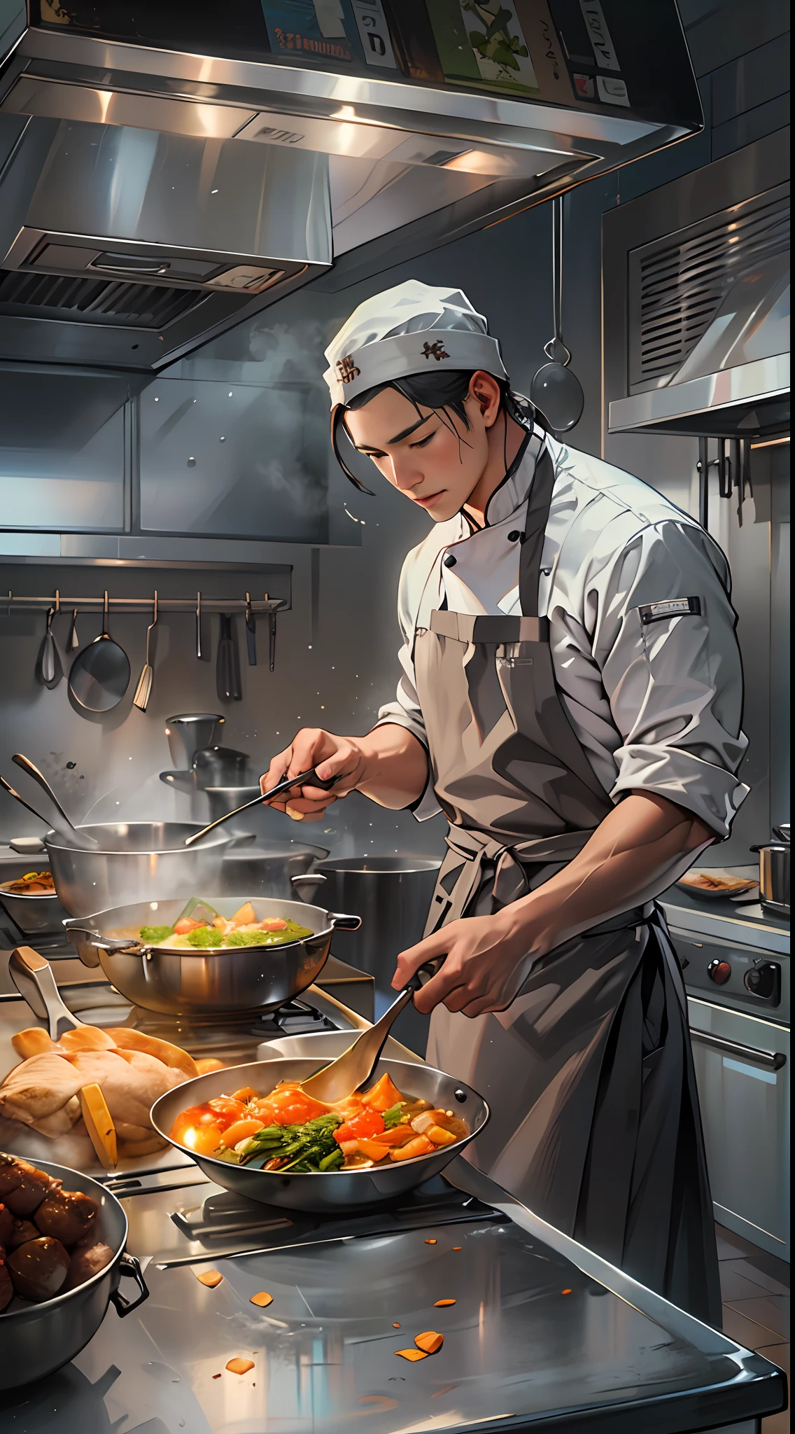 Photo of chef cooking in flameless kitchen, in the style of the stars art group xing xing, realistic yet romantic, he jiaying, Handsome, Gray and amber, Heroic, Smooth and shiny ,32K, Best quality, Masterpiece, Super detail, High details