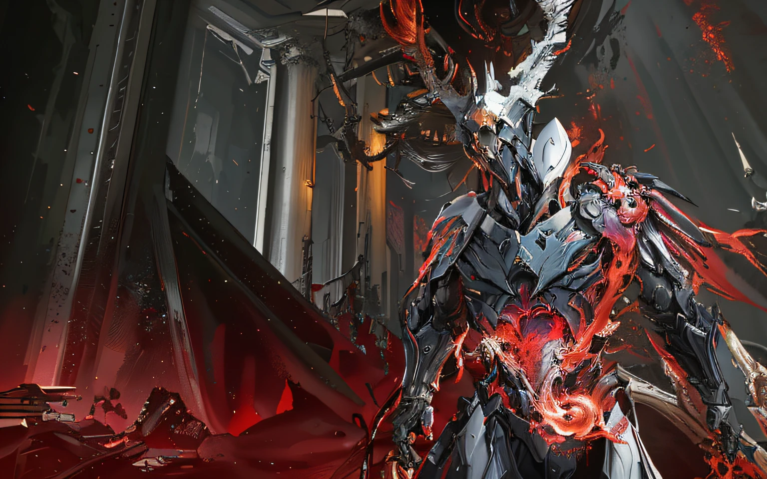 Close up of a demonic creature in a dark room, warframe infested art, warframe art, warframe concept art, high quality warframe fanart, exquisite warframe fanart, warframe destiny art, detailed warframe fanart, warframe fanart, detailed warframe, 《warframe destiny》Dōjin works, battle armor, melted cyborg, 《Warframe and Destiny》Dōjin works