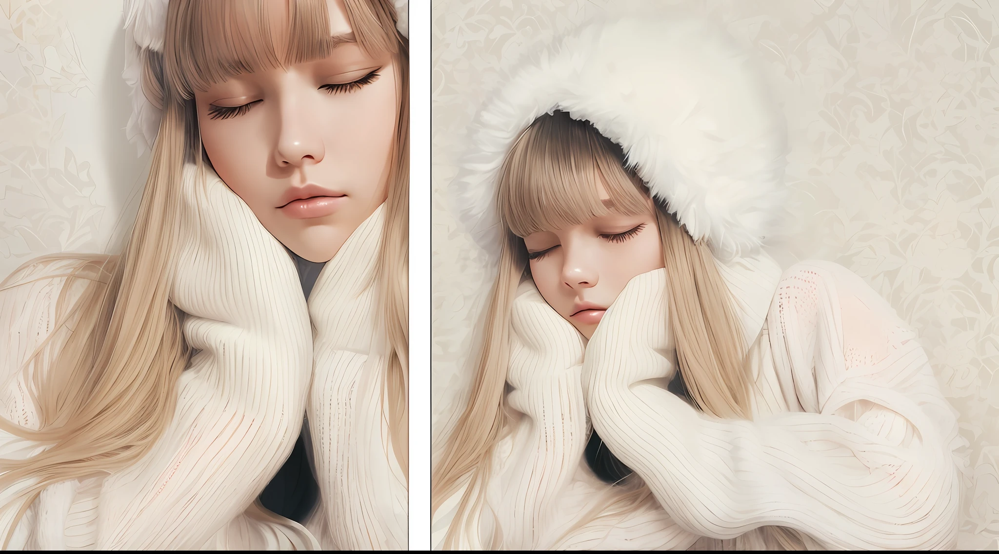 arafed girl with long hair wearing a white sweater and black ear muffs, sleepy, sleepy fashion model face, lalisa manobal, fluffy bangs, white bangs, beautiful cute, cute beautiful, with full bangs, sleeping, cute girl, cute young girl, nina masic, anastasia ovchinnikova, cold but beautiful, sleepy eyes