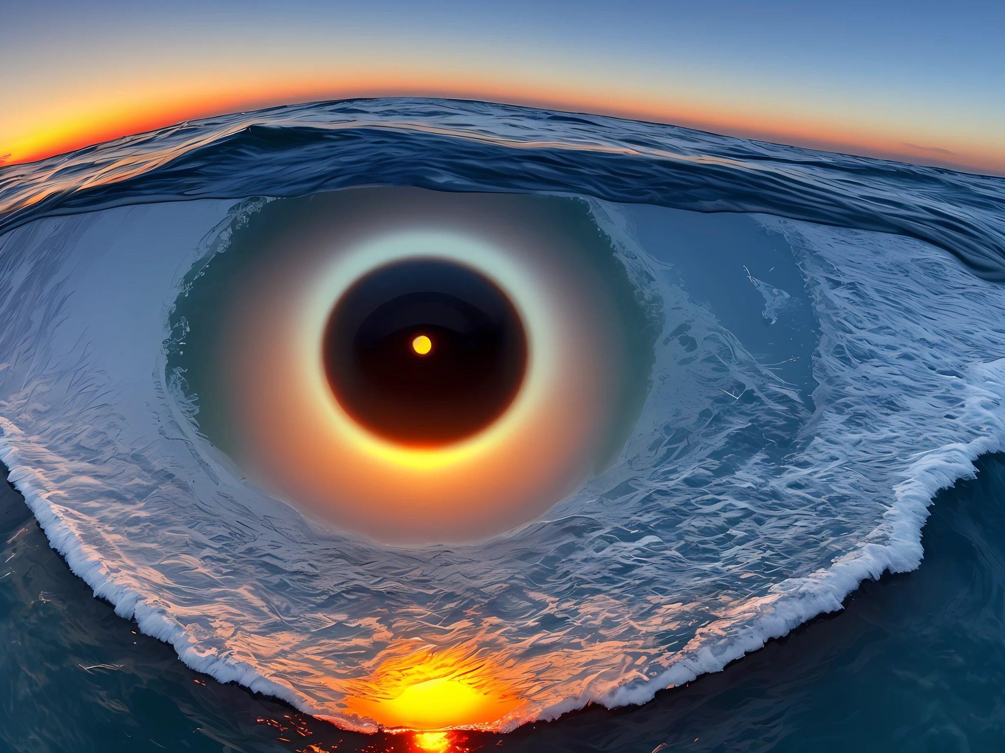 The Eye of Cthulhu is above the ocean,the ocean ,the setting sun,HTC,