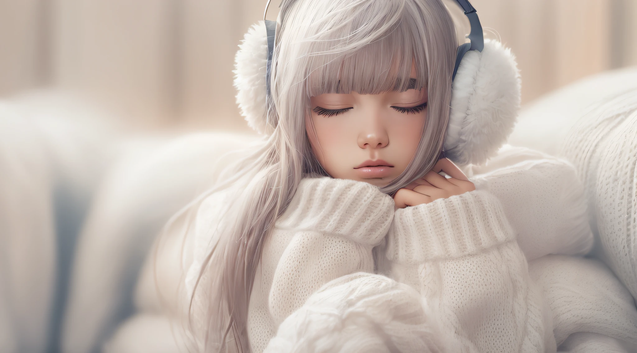 arafed girl with long hair wearing a white sweater and black ear muffs, sleepy, sleepy fashion model face, lalisa manobal, fluffy bangs, white bangs, beautiful cute, cute beautiful, with full bangs, sleeping, cute girl, cute young girl, nina masic, anastasia ovchinnikova, cold but beautiful, sleepy eyes