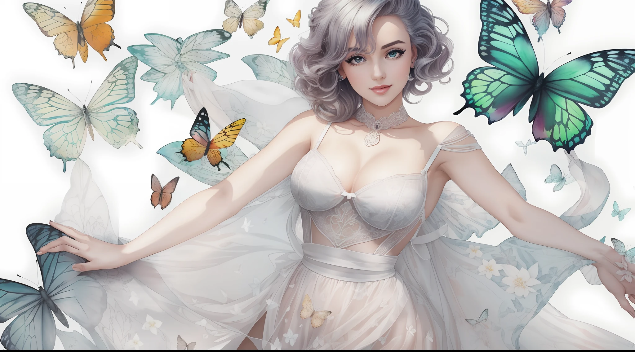 Marilyn Monroe stechu , posing on the groung ,full body, sexy lingerie, (white background:1.4), off shoulder, ((tachi-e)), original,(illustration:1.1),(best quality),(masterpiece:1.1),(extremely detailed CG unity 8k wallpaper:1.1), (colorful:0.9),(panorama shot:1.4),(solo:1.2), (ink splashing),(color splashing),((watercolor)), clear sharp focus,{ 1girl standing },,flower background, outdoors, lilyes, see trough butterflies background, , looking at viewer, make happy expressions,soft smile,pure,beautyfull detailed face and eyes,beautyfull intricacy clothing decorative pattern details, black hair,black eyes,colorwater