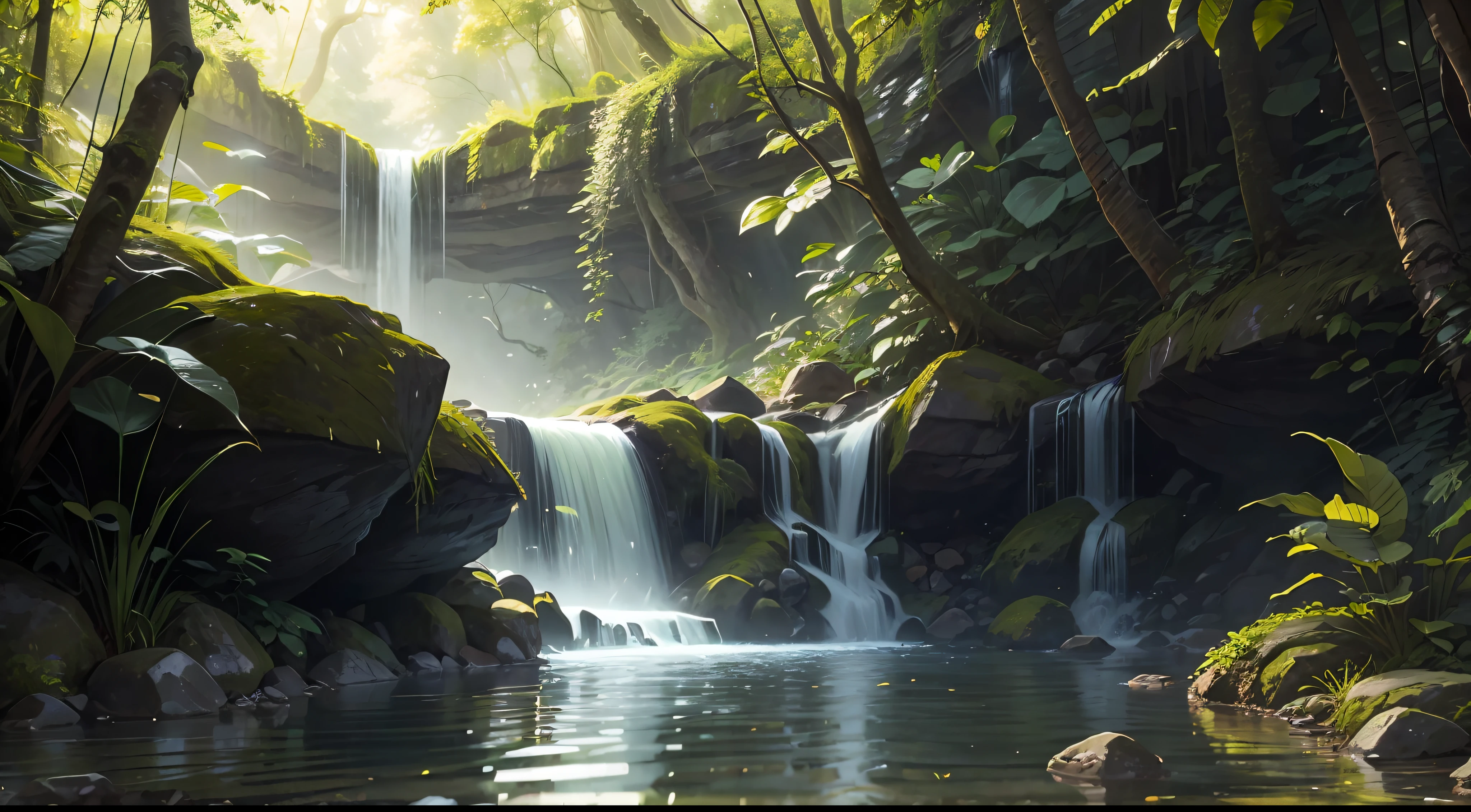 "Serene forest scene with a captivating small waterfall amidst lush foliage and glistening water."