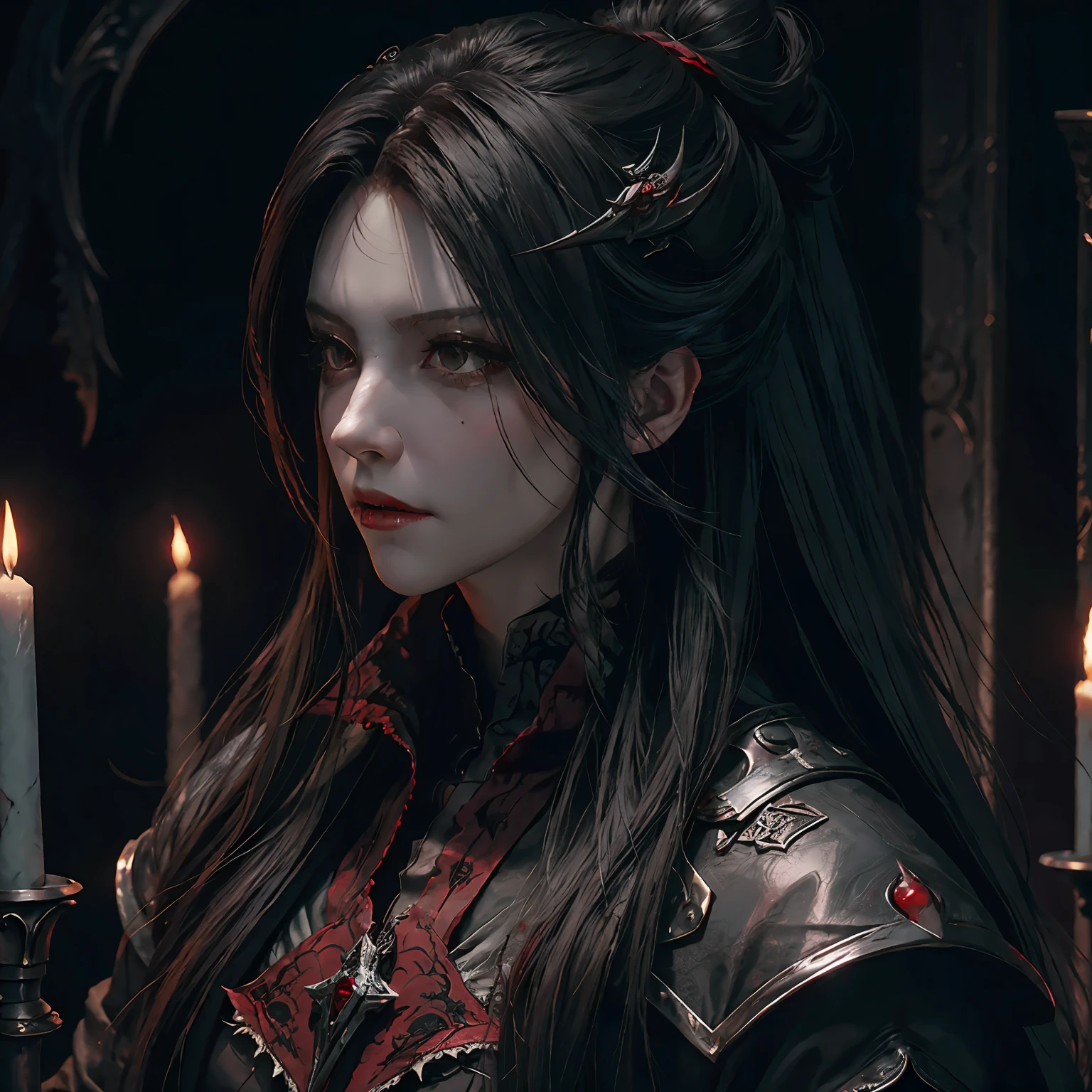 a close up of a demonic looking female hidden blade , alucard, blood knight, castlevania, bloody + concept art, stained”, bloodborn, castlevania inspired, vampire lord, dark fantasy style art, dark fantasy horror art, dark fantasy artwork, female vampire of clan banu haqim, blood on his face, bloodborne art,4k, assassin's creed styles, red eyes,cross bracelet,long hair bun,face tilted,upper body