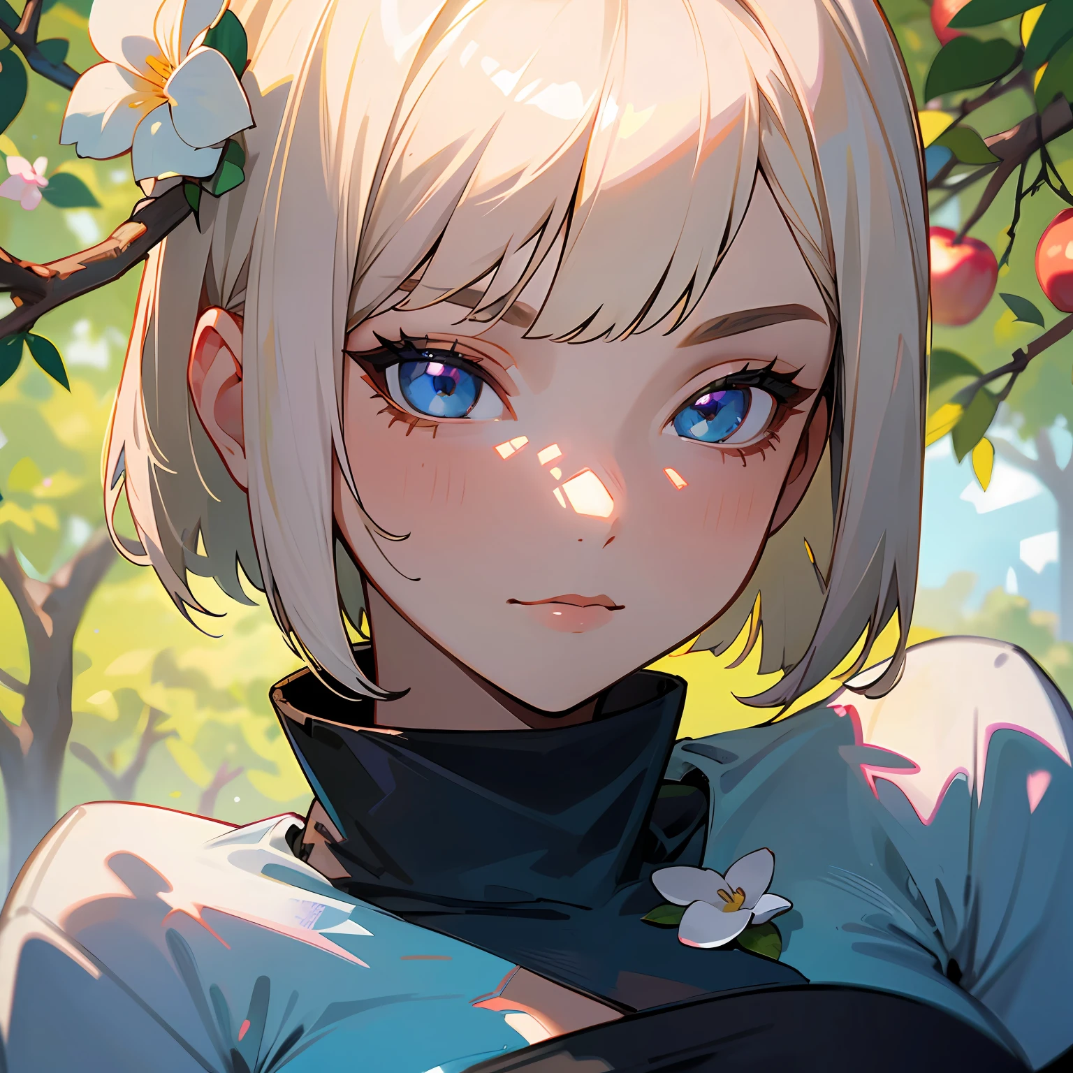 pretty 1girl, absurdres, 8k uhd, platinum blonde hair, bob cut, medium breasts, black tshirt, denim shorts, garden background, flowers, magnolias, apple tree, close up portrait --auto