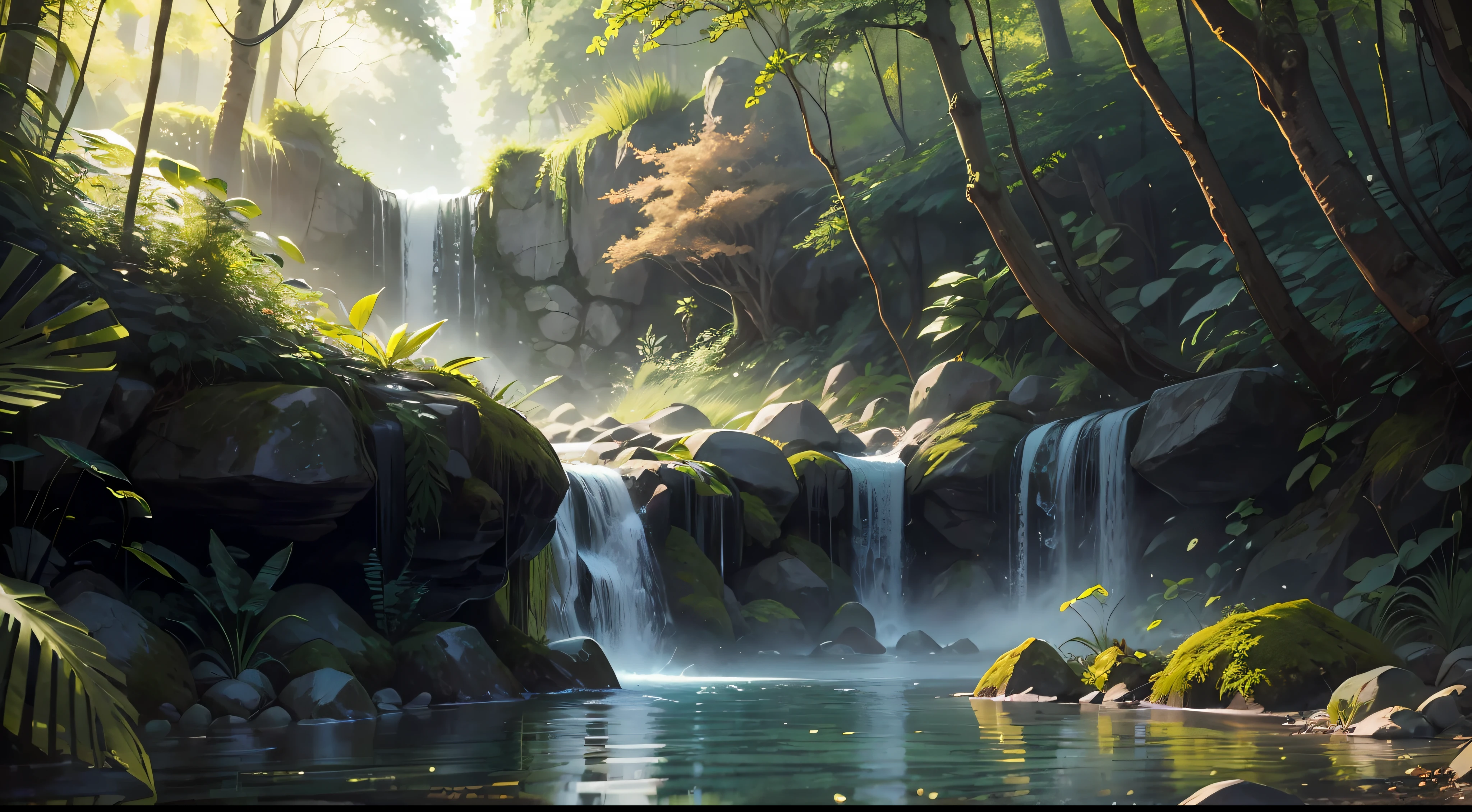 "Serene forest scene with a captivating small waterfall amidst lush foliage and glistening water."