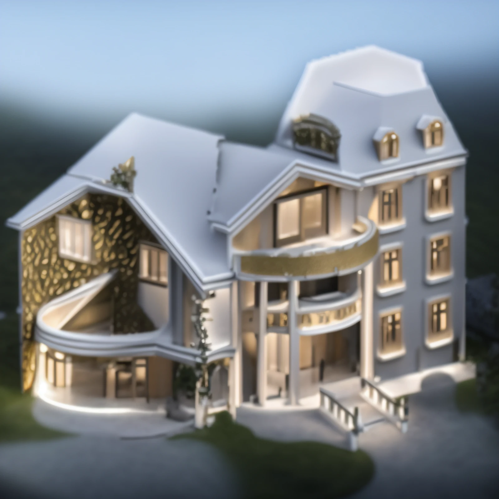 Close-up of the house with stairs and porches, high detal, realistic building, ingame image, Isometric house, an extremely detailed building, 2 d cg, hq very detailed, victorian manor, high detal), 3 D CG, 3D CG, casa, rich house, detailed building, Casa Vitoriana, fantasy house, over-detailed, fantasy building,3Drenderingof，morden style，glass buildings，hdr，Realistic tones，