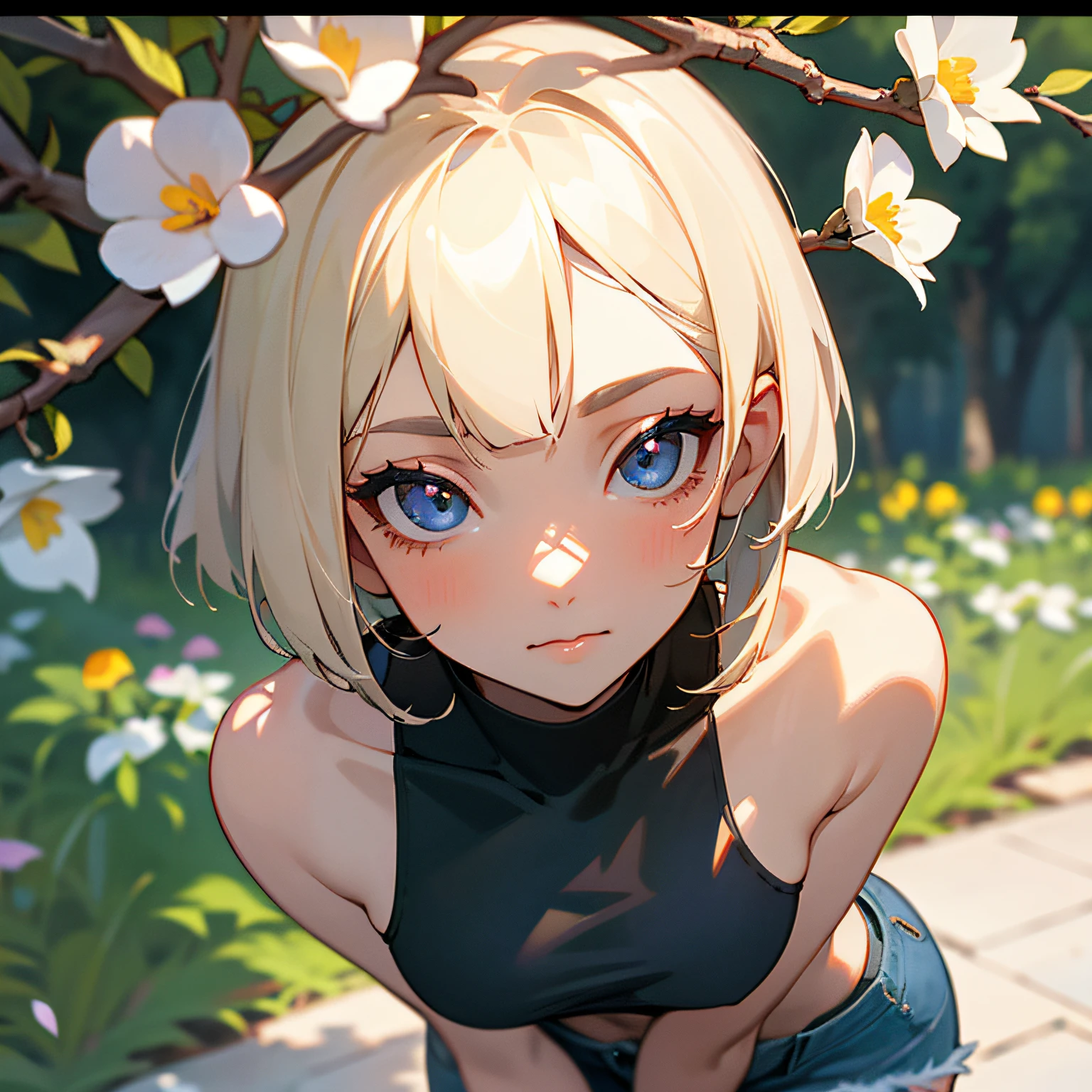 pretty 1girl, absurdres, 8k uhd, platinum blonde hair, bob cut, medium breasts, black tshirt, denim shorts, garden background, flowers, magnolias, apple tree, close up portrait --auto