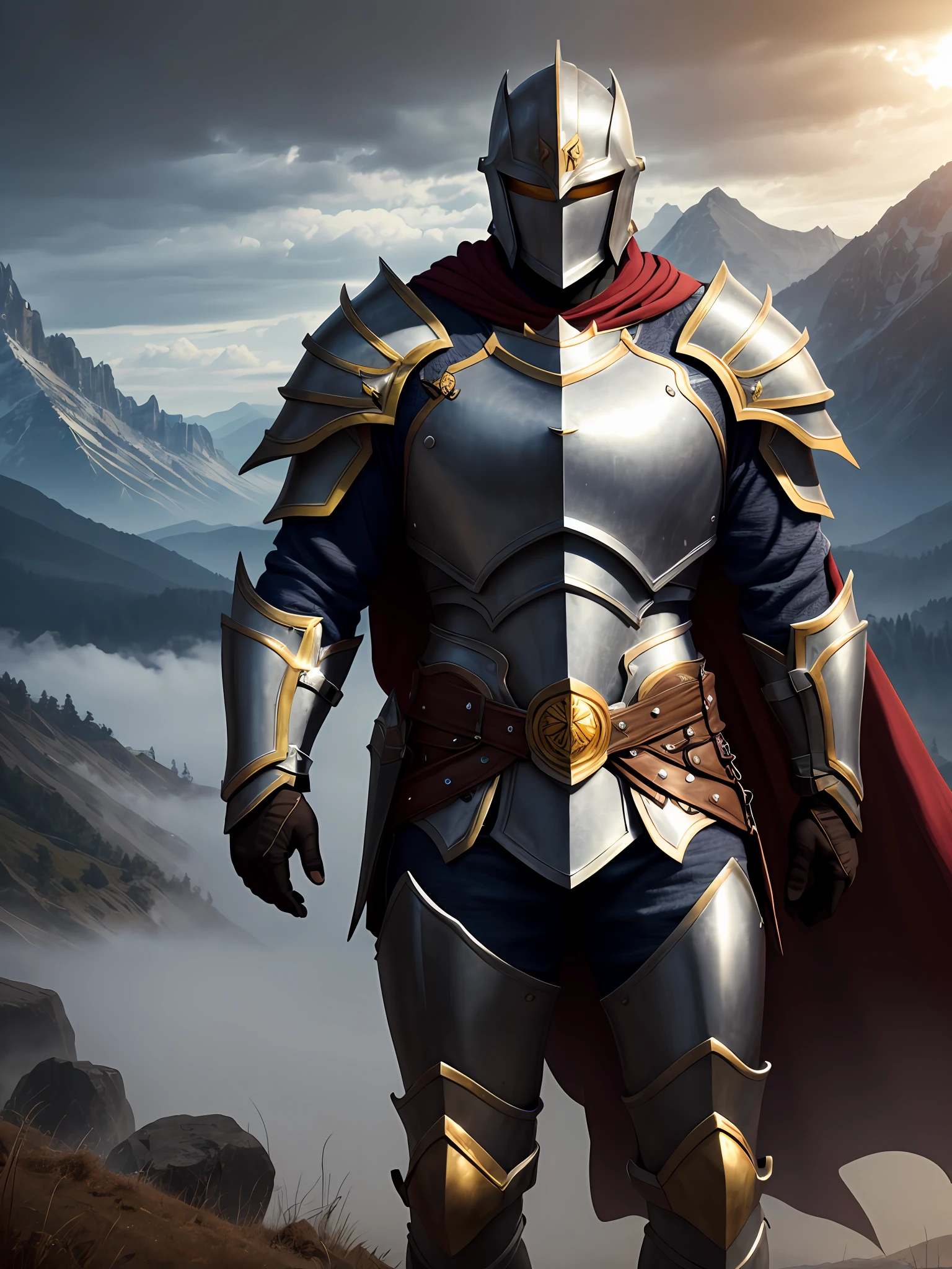8k, ultra quality, dark night, heavy fog, hyperrealistic, photo, fantasy,
Paladin man, silver armor with golden patterns, full body
detailed skin, detailed face, brassiere, closed chest, cloth, bright, sunlight, outdoor mountains, darkness lighting, dnd