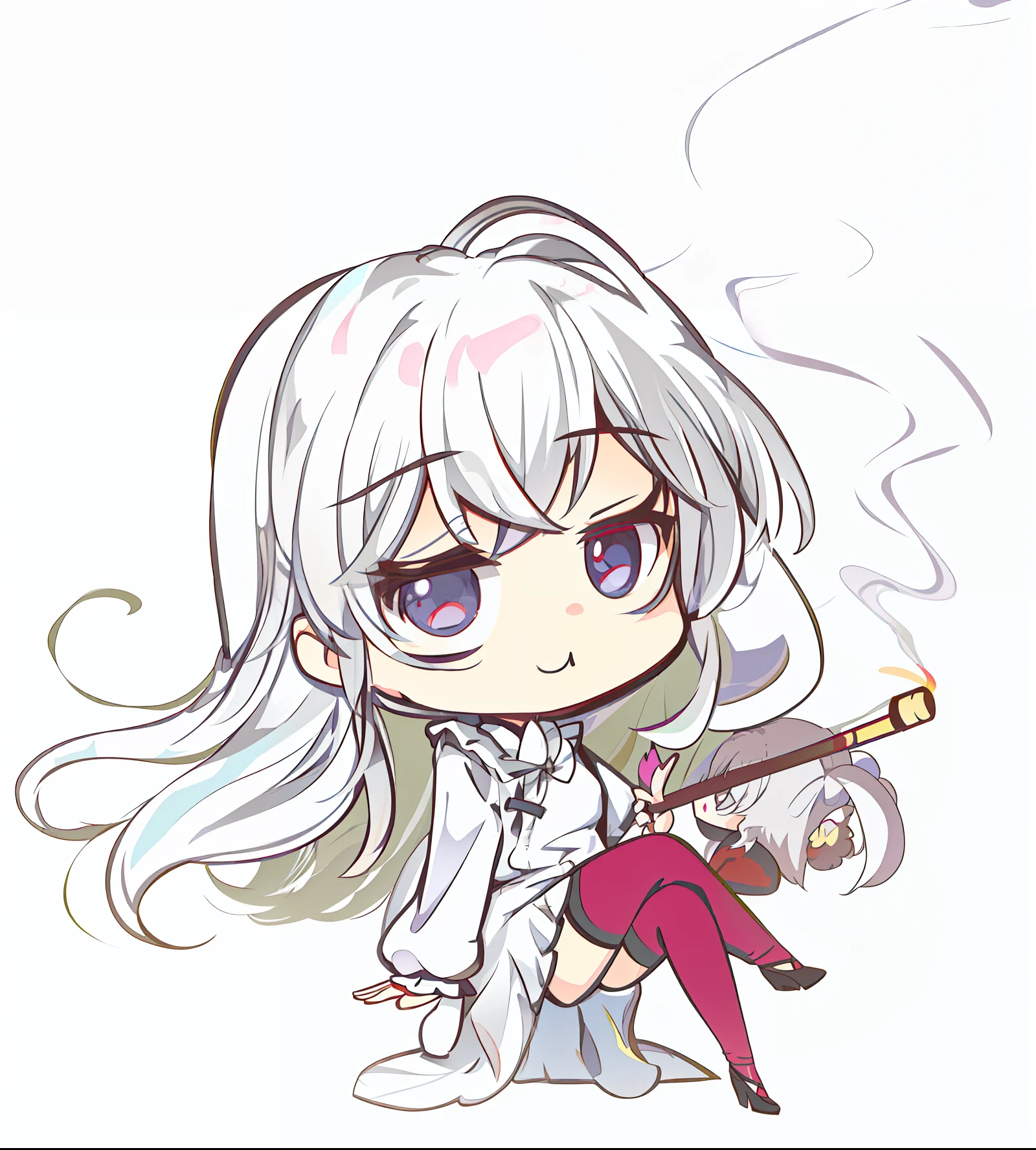 anime girl with a cigarette and a cigarette holder, nyaruko-san, a silver haired mad, white haired deity, white haired, chibi art, touhou character, white-haired, chibi, chibi girl, anime moe artstyle, zerochan art, chibi anime girl, neferpitou, koyoharu gotouge, anime chibi