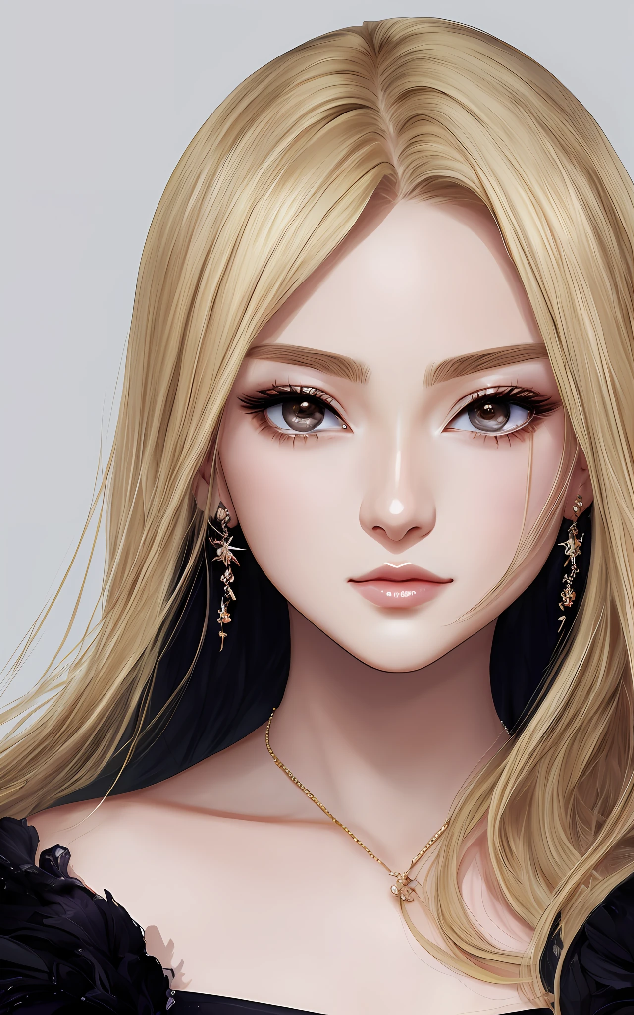 anime styled、Beautiful woman like a fashion model、a closeup、portlate、Beautiful, Moisturized black eyes、Beautiful blonde without hair ornament, hight resolution, top-quality, masterpiece, 8k wallpaper、 One Person、