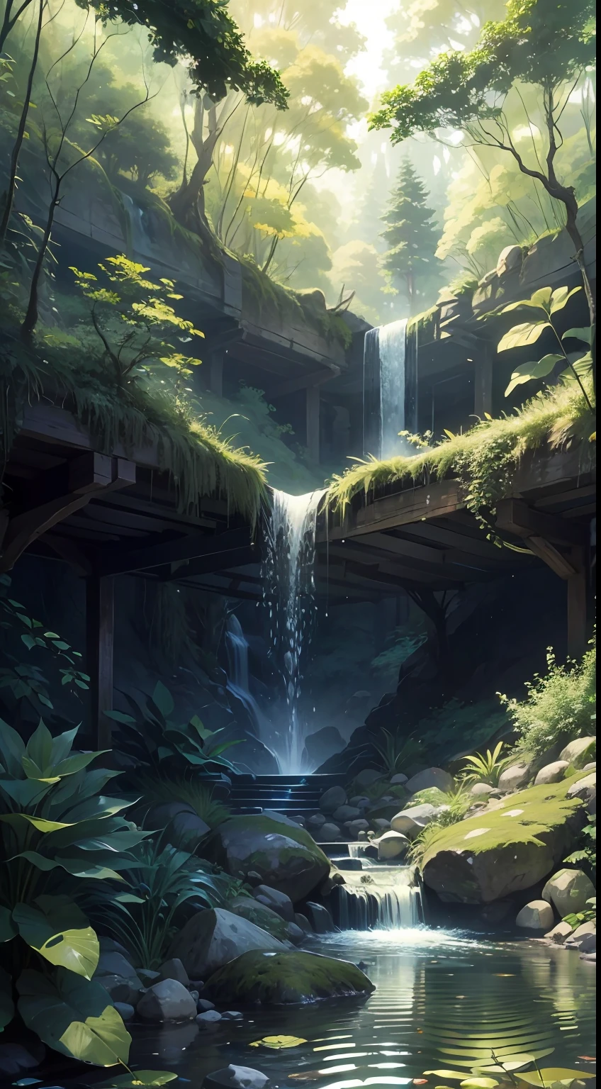 "Serene forest scene with a captivating small waterfall amidst lush foliage and glistening water."