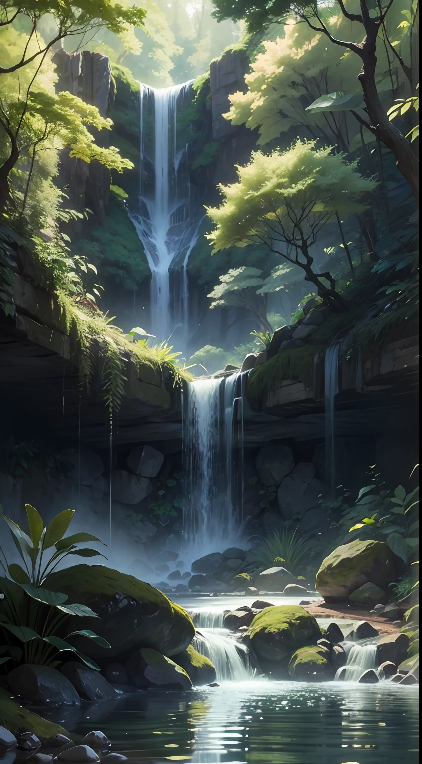 "Serene forest scene with a captivating small waterfall amidst lush foliage and glistening water."
