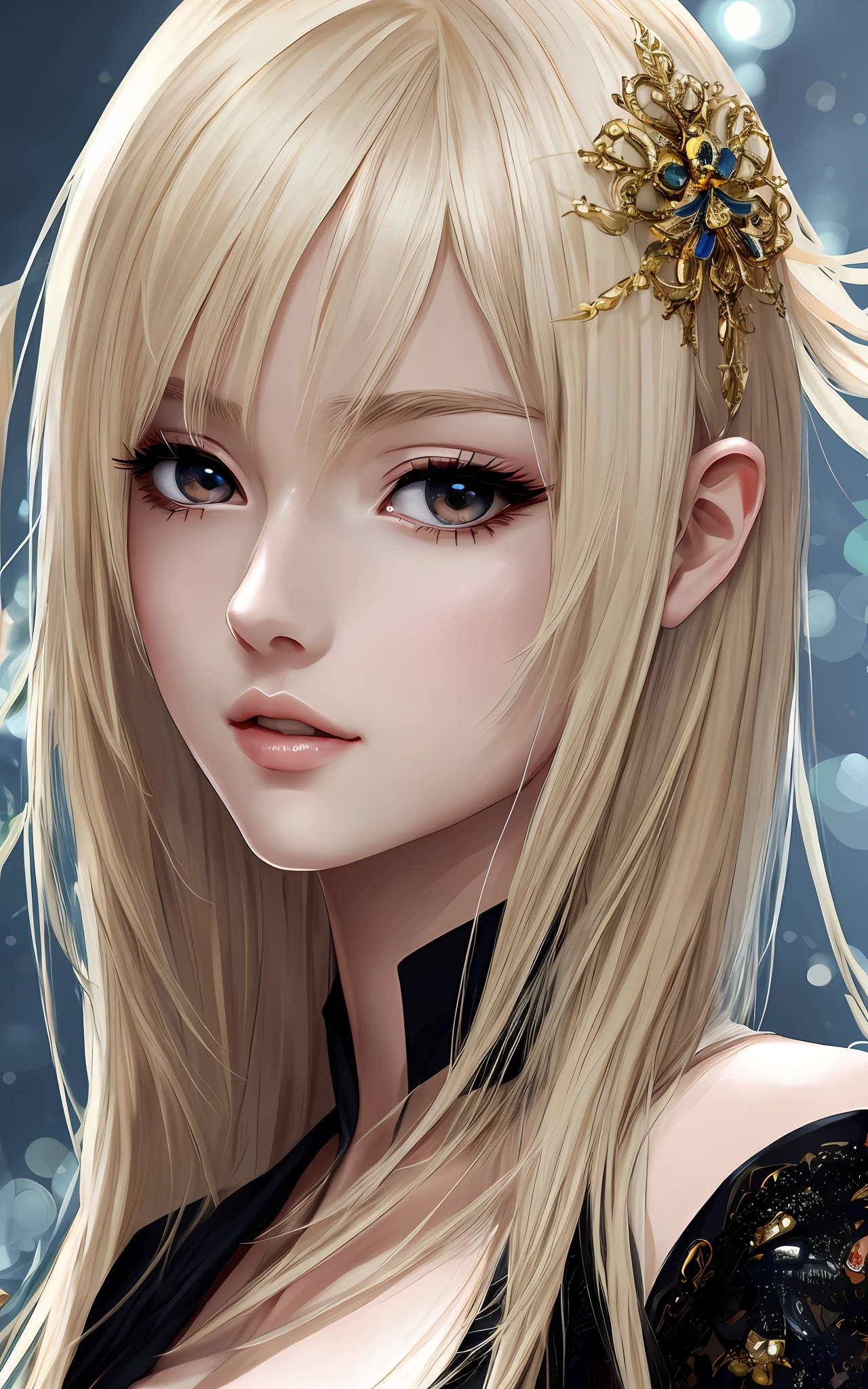 anime styled、Beautiful woman like a fashion model、a closeup、portlate、Beautiful, Moisturized black eyes、Beautiful blonde without hair ornament, hight resolution,　top-quality, ​masterpiece, 8k wallpaper、 One Person、