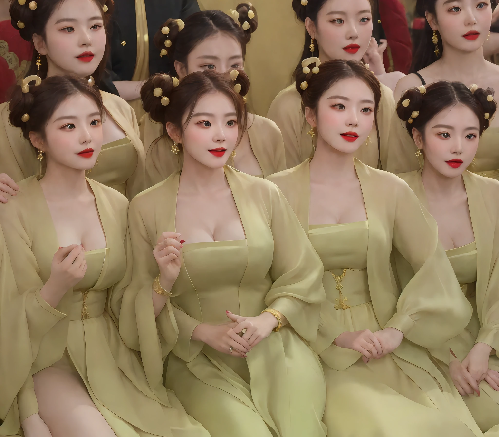 there are many women in green dresses posing for a picture, hanfu, wearing ancient chinese clothes, yellow robes, with yellow cloths, a still of a happy, traditional chinese clothing, tang dynasty, inspired by Tang Di, robes with golden characters, screenshot from a movie, yellow dragon head festival, sha xi, chinese costume, traditional chinese, scene from live action movie