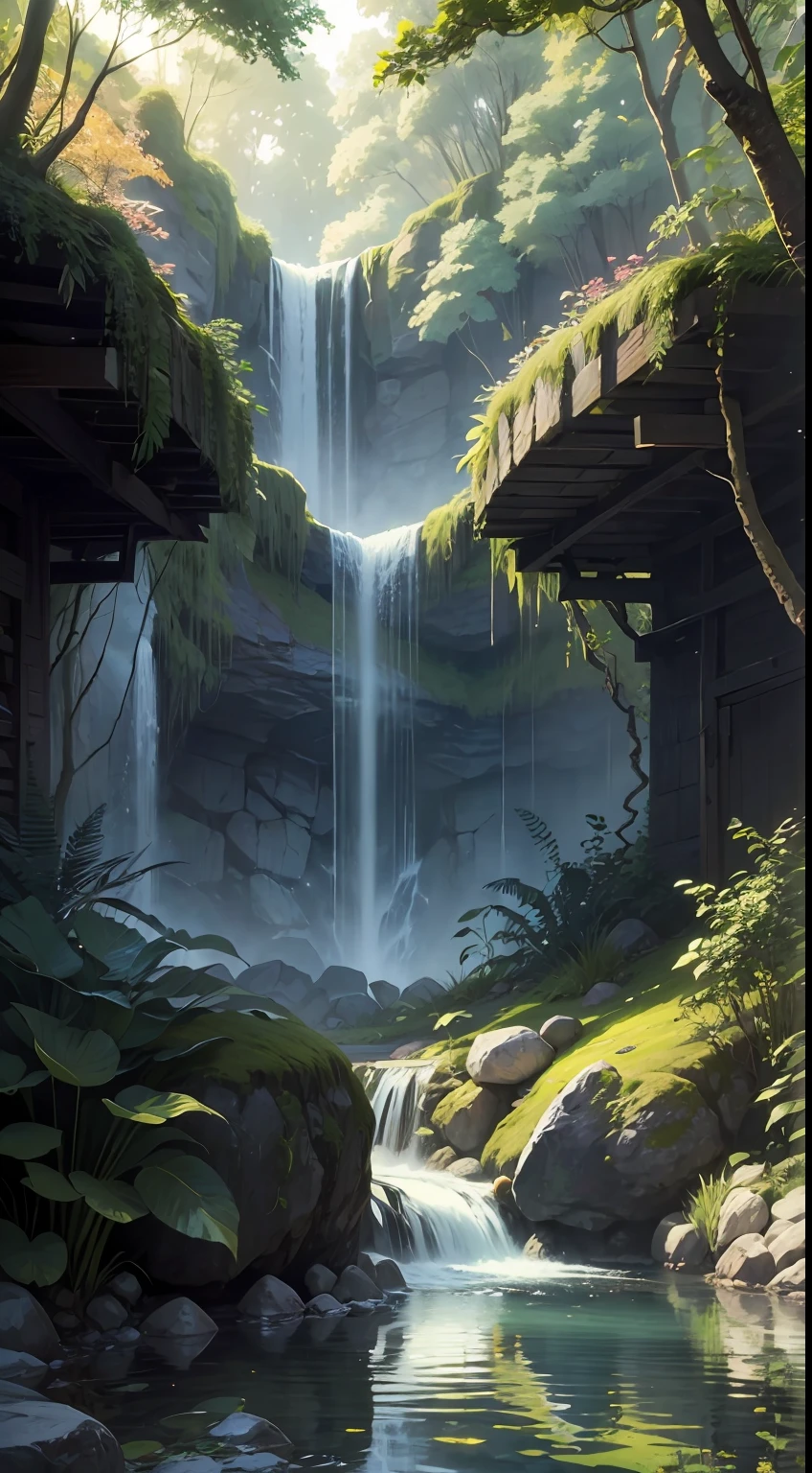 "Serene forest scene with a captivating small waterfall amidst lush foliage and glistening water."