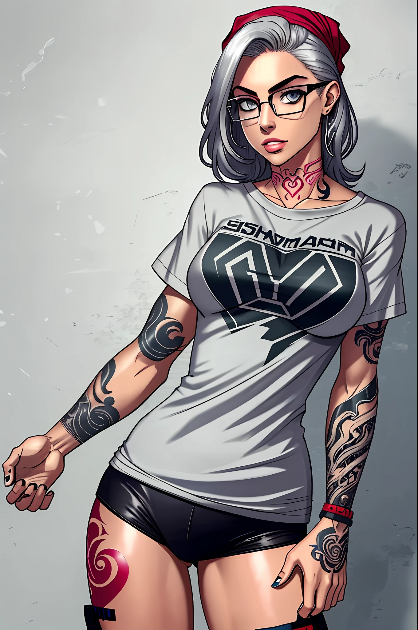 Female, silver hair, bandana on head, glasses for vision, medium breasts, (tattoo on hand:1.4), wearing a nerd t-shirt
