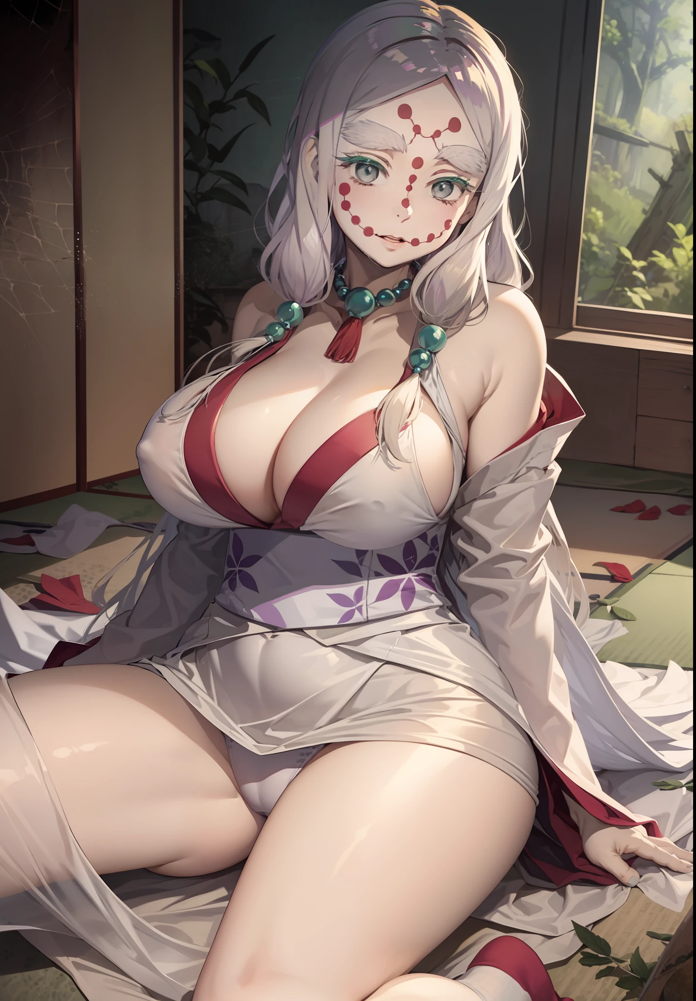 Huge breasts,(Straddling),(Open legs wide:1.2),Beautifully shaped breasts,slender,cleavage,(White kimono),(Black panty),花魁,Mother Spider,Showing panties,1boy,POV,About from,breasts focus,spider webs,Ruins,shame,seductiv,Impregnation,Tatami mats,Indoor,Shoulder and breasts out,disheveled clothes,high socks