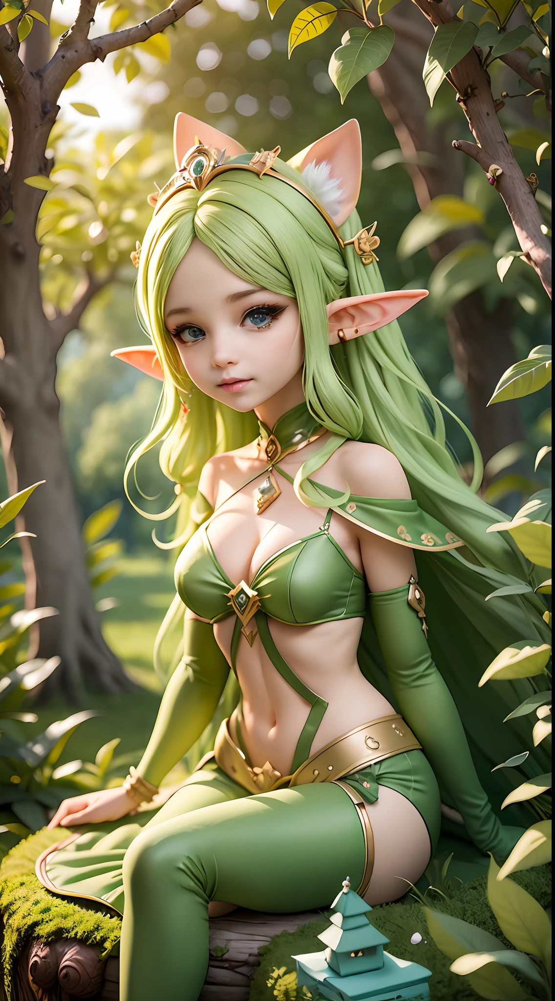 (best qualtiy), (tmasterpiece), Realistis, female elf,full bodyesbian, slim, Charming, earth_spirit, melting_heart, bigbadjo alien_monster, Contre-Jour, rays of sunshine, (tree house), Elf Tree House, Tree vines, Fujiman, tmasterpiece, 8k, -v6