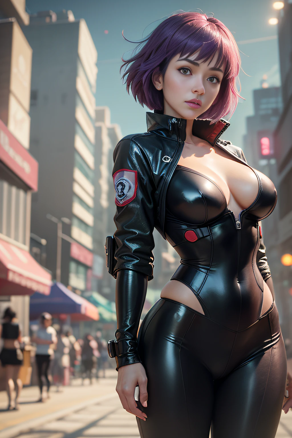 (Motoko Kusanagi as Jessica Alba.Sporty woman with short purple hair. She is wearing a (Big)) Futuristic sand-colored Japanese army jacket made of dense material. Black leggings and military boots) (Footage in a movie ((Ghost in the Shell)) If it was filmed by director James Cameron in 1996 )) ((Casual clothing and image details correspond to the original manga.)) a 3D render, rendering by octane, intricately details, Cinematic, Background farmers market style James Cameron, trending on artstationh, isometry, Realistic shotgun, Centered hipereallistic cover photo, Awesome full color, handpainted, Dark, grittiness, Mucha, Klimt, erte 12k, High definition, Cinematic, neoprene, behance contest winner, portrait featured on unsplash, Stylized digital art, smooth, hyper HD, 8K, Unreal Engine 5, super sharp focus, masterpiece of intricate artwork, has cleavage