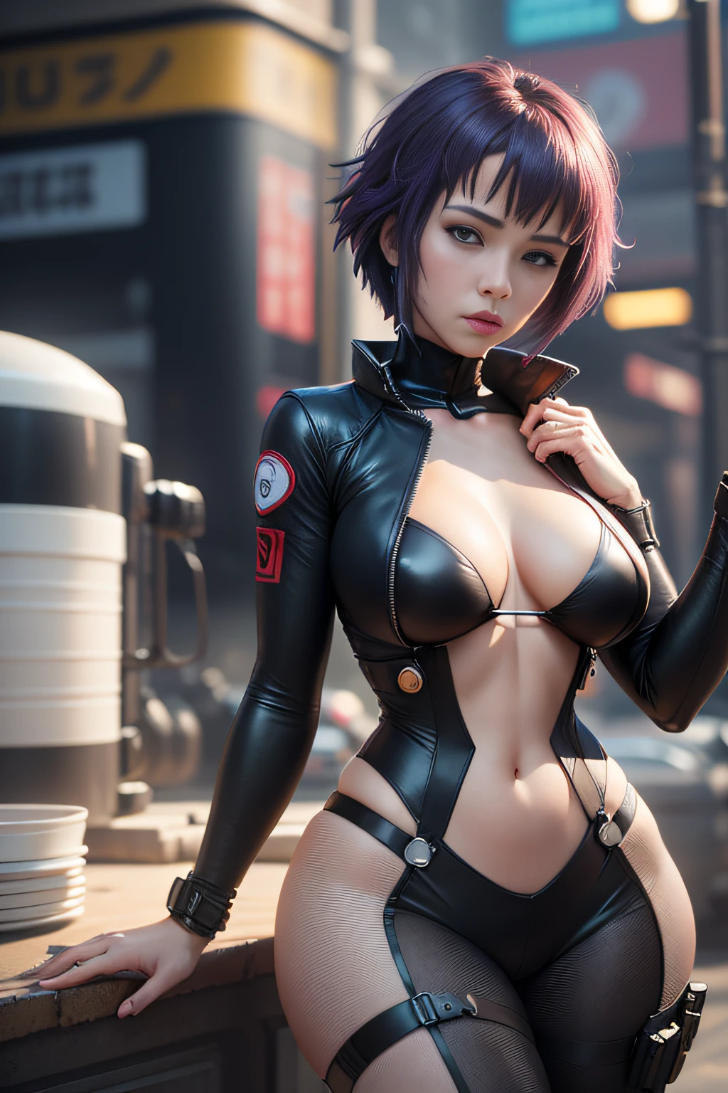 (Motoko Kusanagi as Jessica Alba.Sporty woman with short purple hair. She is wearing a (Big)) Futuristic sand-colored Japanese military jacket made of dense material. Black leggings and military boots) (A shot in a movie ((Ghost in the Shell)) If it was filmed by director James Cameron in 1996 )) ((Casual clothing and image details correspond to the original comics.)) a 3D render, rendering by octane, intricately details, Cinematic, Background farmers market style James Cameron, trending on artstationh, isometry, Realistic shotgun, Centered hipereallistic cover photo, Awesome full color, handpainted, Dark, grittiness, Mucha, Klimt, erte 12k, High definition, Cinematic, neoprene, behance contest winner, portrait featured on unsplash, Stylized digital art, smooth, hyper HD, 8K, Unreal Engine 5, super sharp focus, masterpiece of intricate artwork, has cleavage